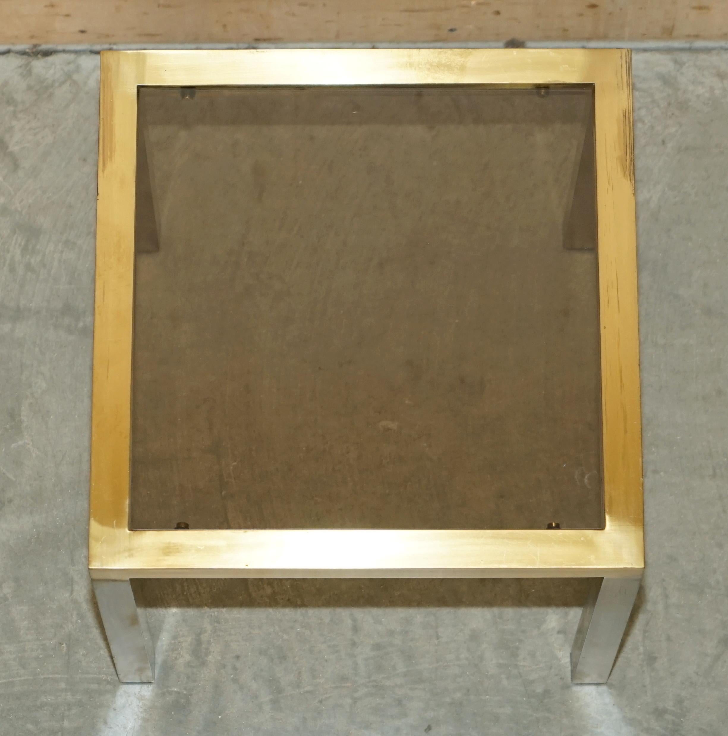 FOUR MID CENTURY MODERN MAISON JANSEN PARIS STYLE BRASS SMOKED GLASS SiDE TABLES For Sale 11