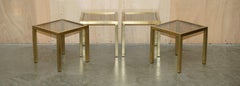 FOUR MID CENTURY MODERN MAISON JANSEN PARIS STYLE BRASS SMOKED GLASS SiDE TABLES