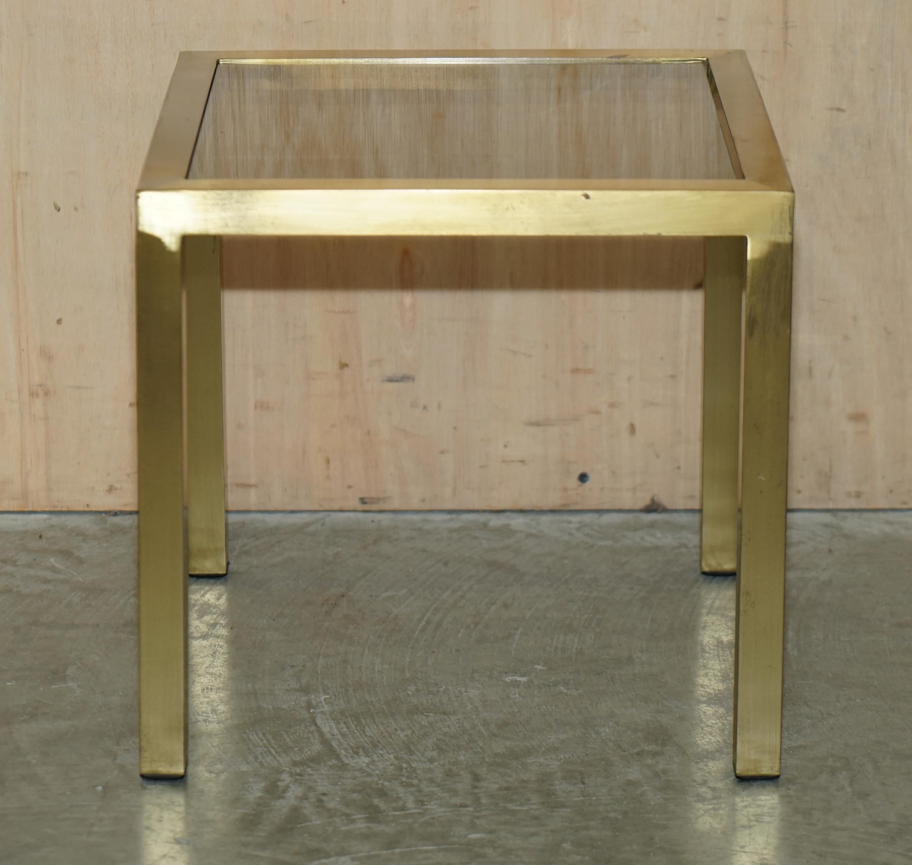 FOUR MID CENTURY MODERN MAISON JANSEN PARIS STYLE BRASS SMOKED GLASS SiDE TABLES For Sale 13