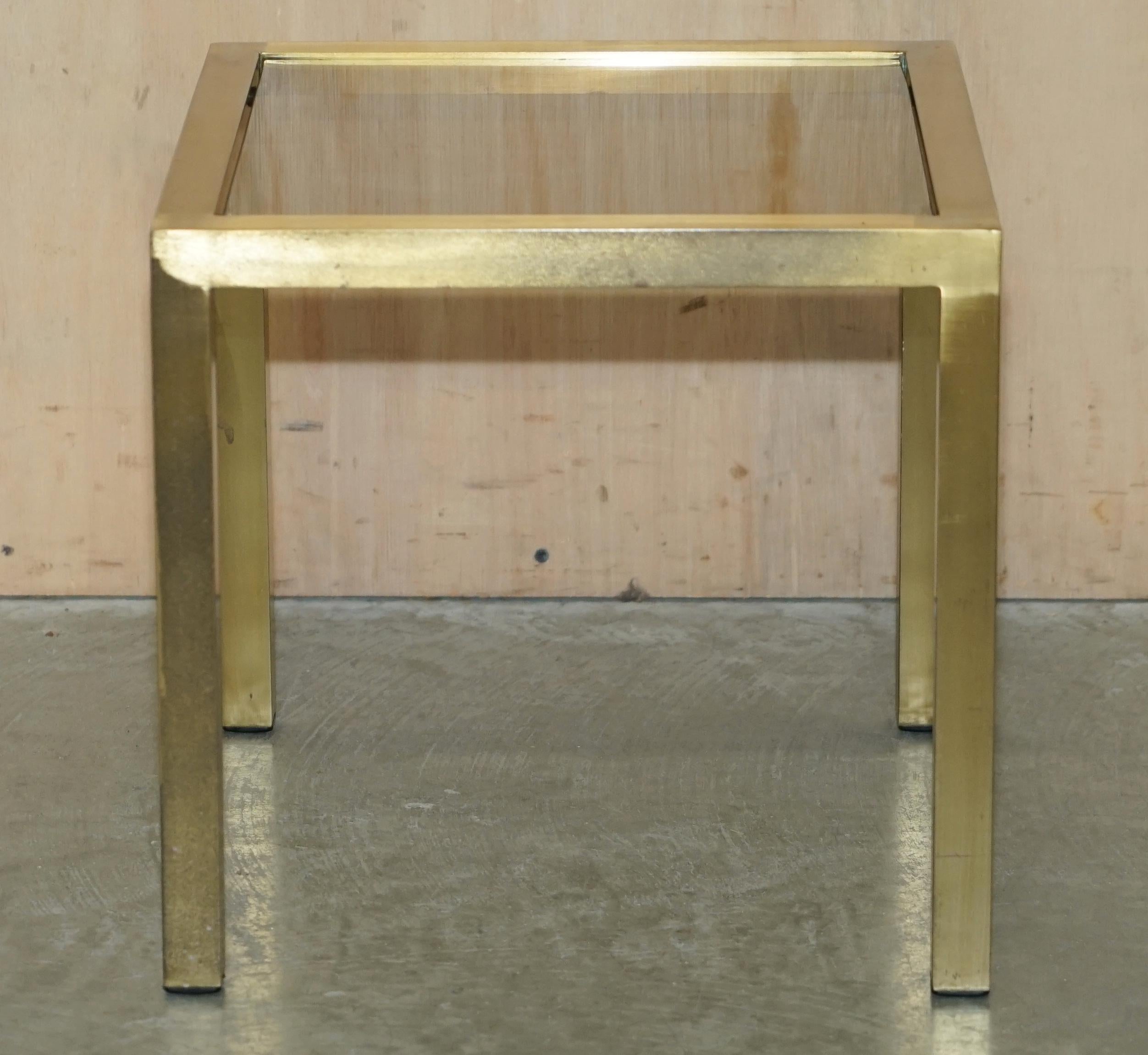 Hand-Crafted FOUR MID CENTURY MODERN MAISON JANSEN PARIS STYLE BRASS SMOKED GLASS SiDE TABLES For Sale