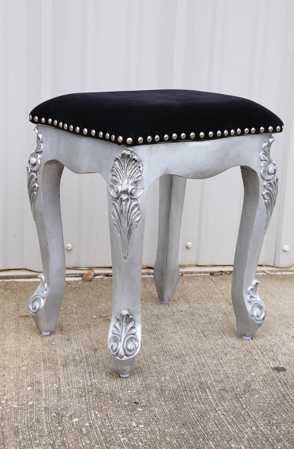 Set of four velvet cushioned solid teak wood queen Ann style stools with silver look paint. Custom made for a house warming ceremony. These are comfortable to sit and easy to move around. These will light up any family room.
Each $ 405.00
Set of