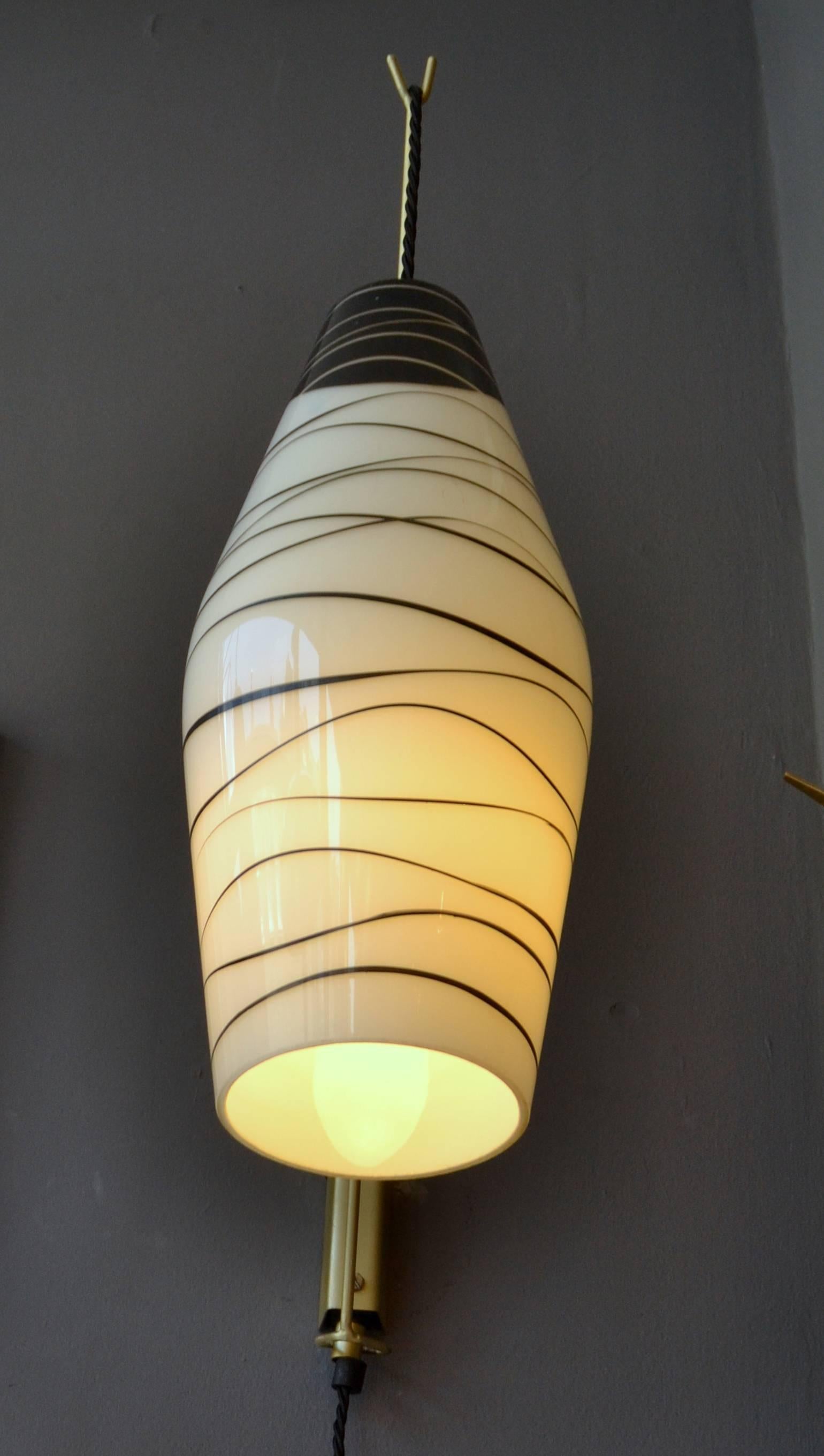 Modernist Black and White Hand Painted 1950's Glass Wall Lamps For Sale 2