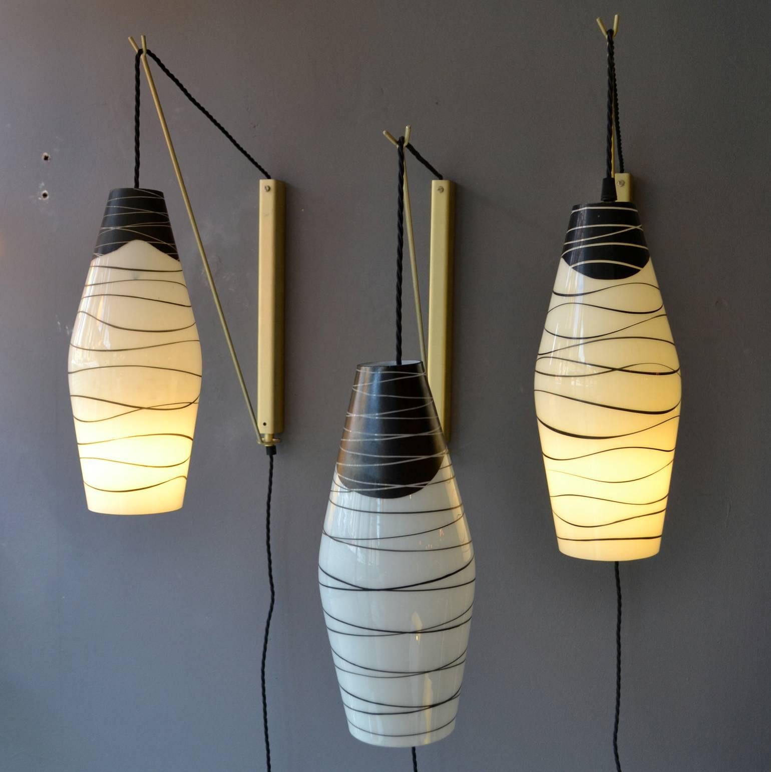 Mid-Century Modern Modernist Black and White Hand Painted 1950's Glass Wall Lamps For Sale