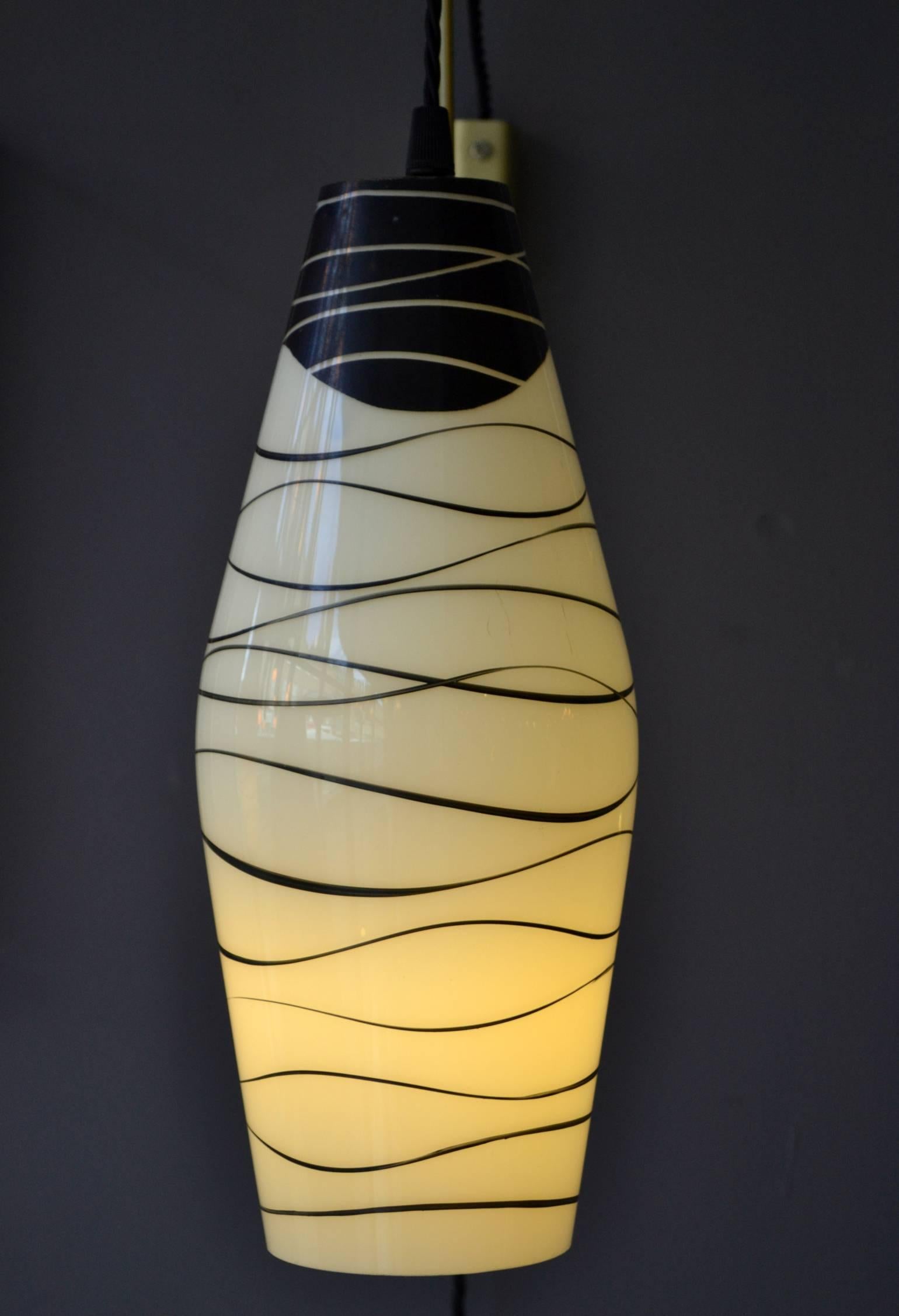 Czech Modernist Black and White Hand Painted 1950's Glass Wall Lamps For Sale