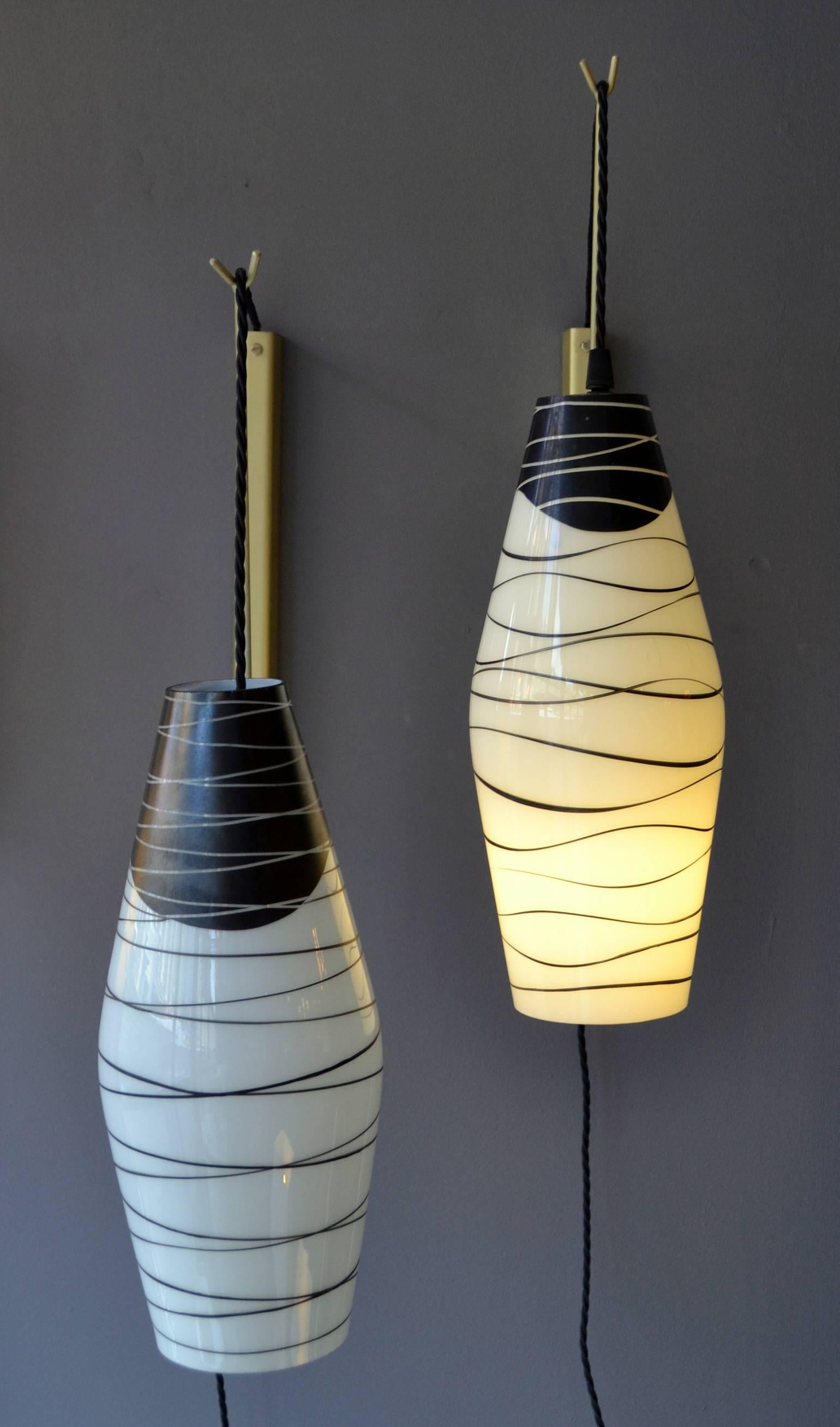 Hand-Crafted Modernist Black and White Hand Painted 1950's Glass Wall Lamps For Sale