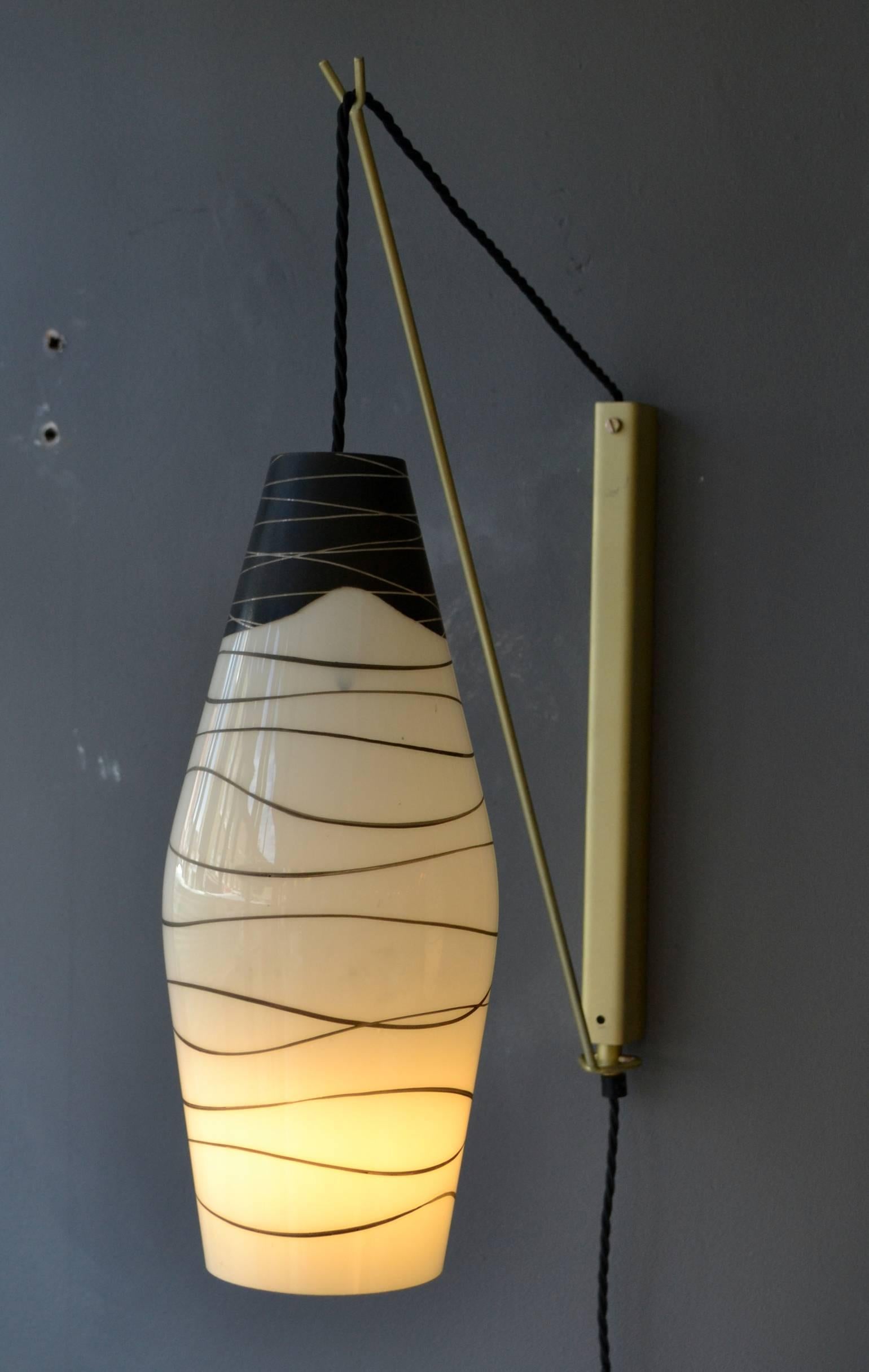 Modernist Black and White Hand Painted 1950's Glass Wall Lamps In Excellent Condition For Sale In London, GB