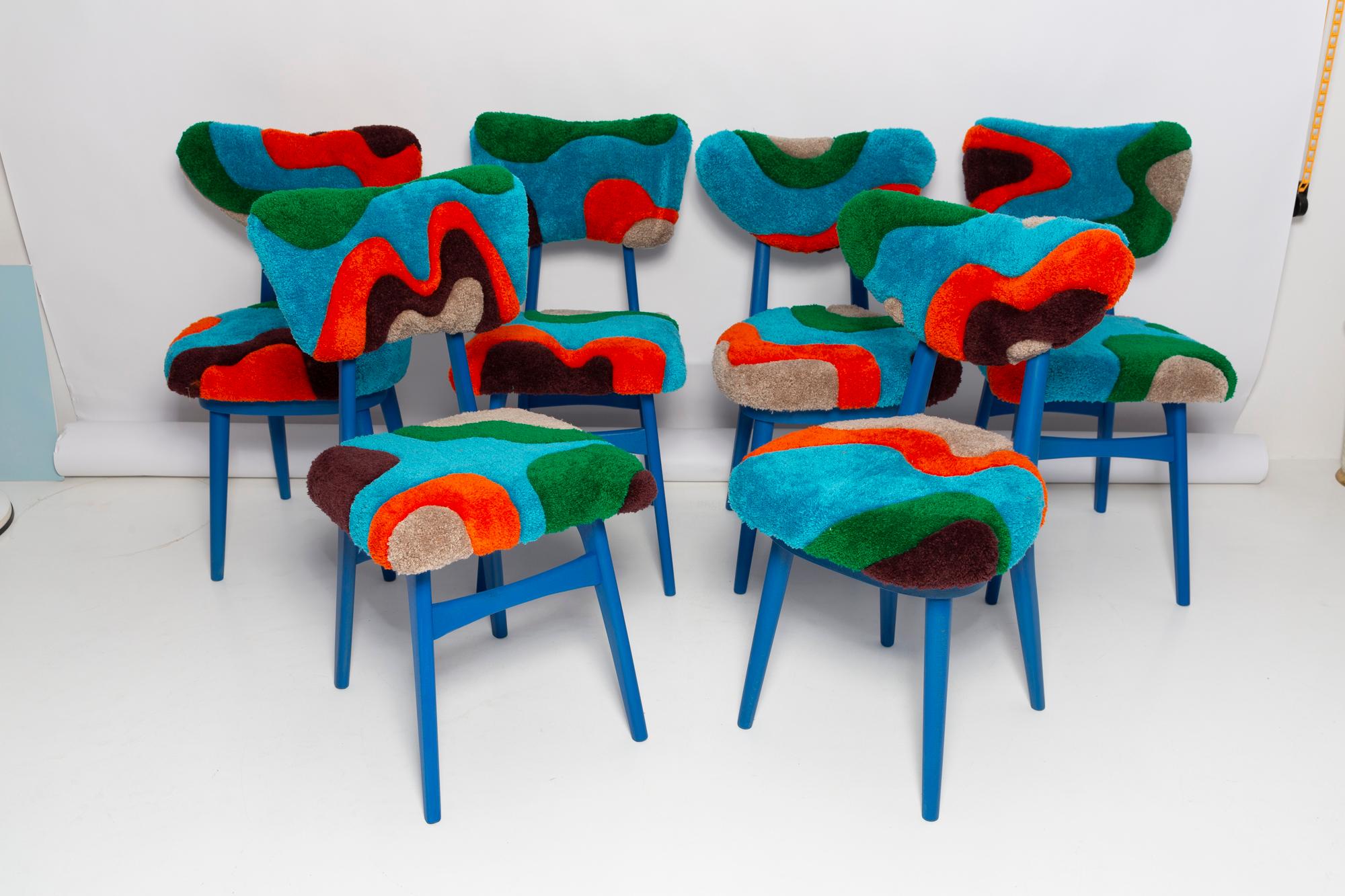 Four Mid Century Mushroom Chairs, Hand Tufting Blue Green Wool, Europe, 1960s For Sale 1