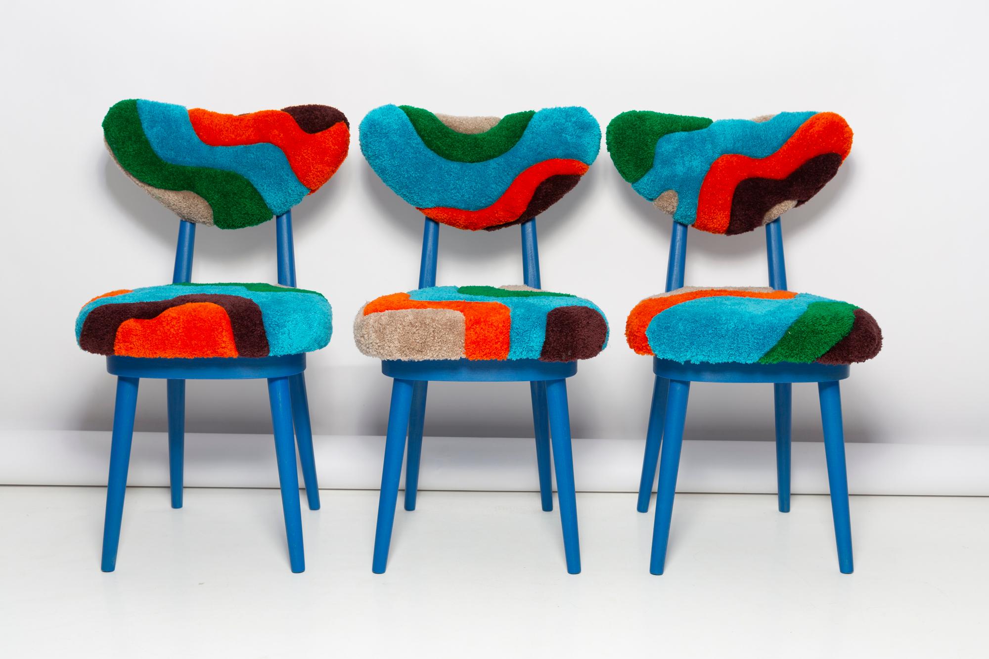 Four Mid Century Mushroom Chairs, Hand Tufting Blue Green Wool, Europe, 1960s For Sale 2