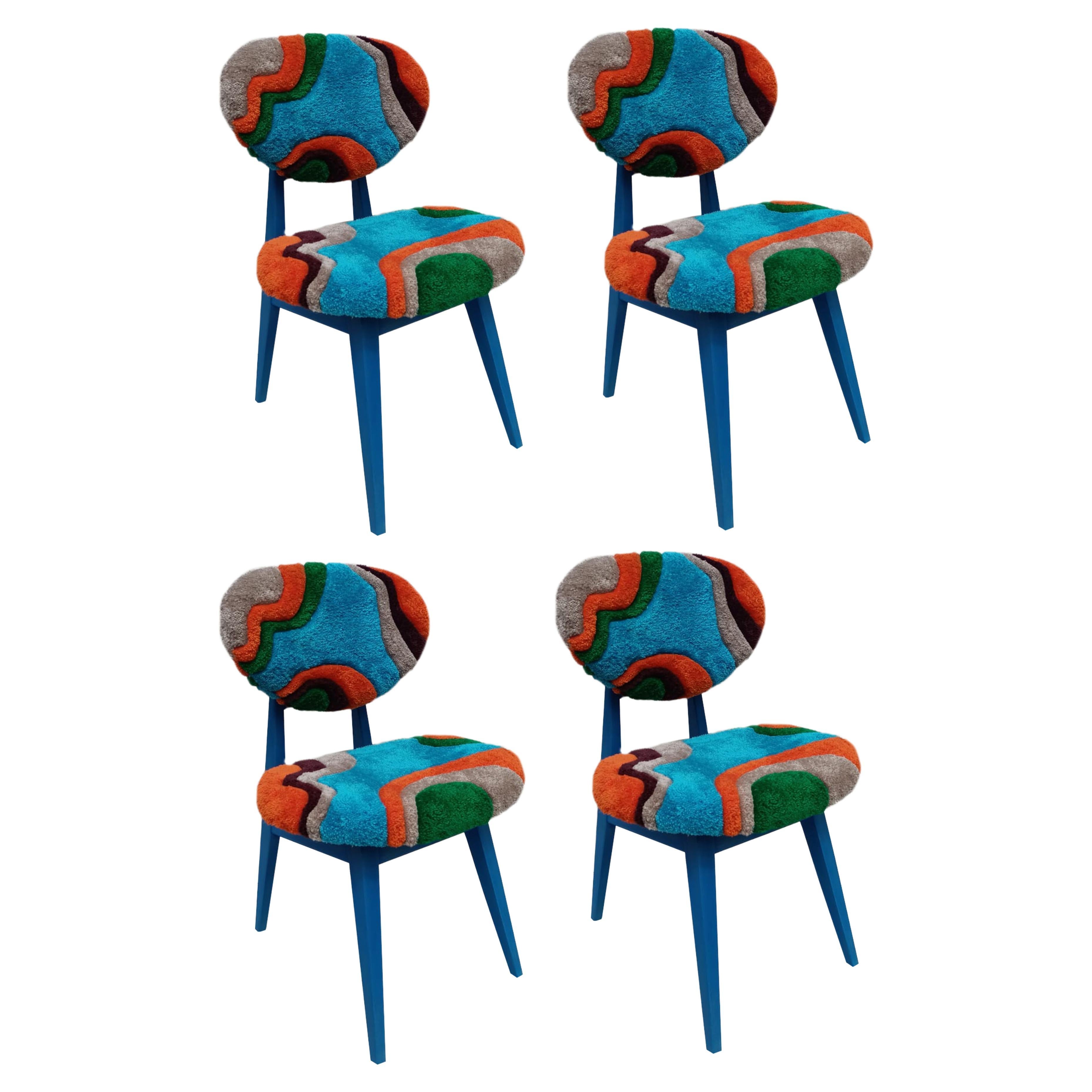 Four Mid Century Mushroom Chairs, Hand Tufting Blue Green Wool, Europe, 1960s For Sale