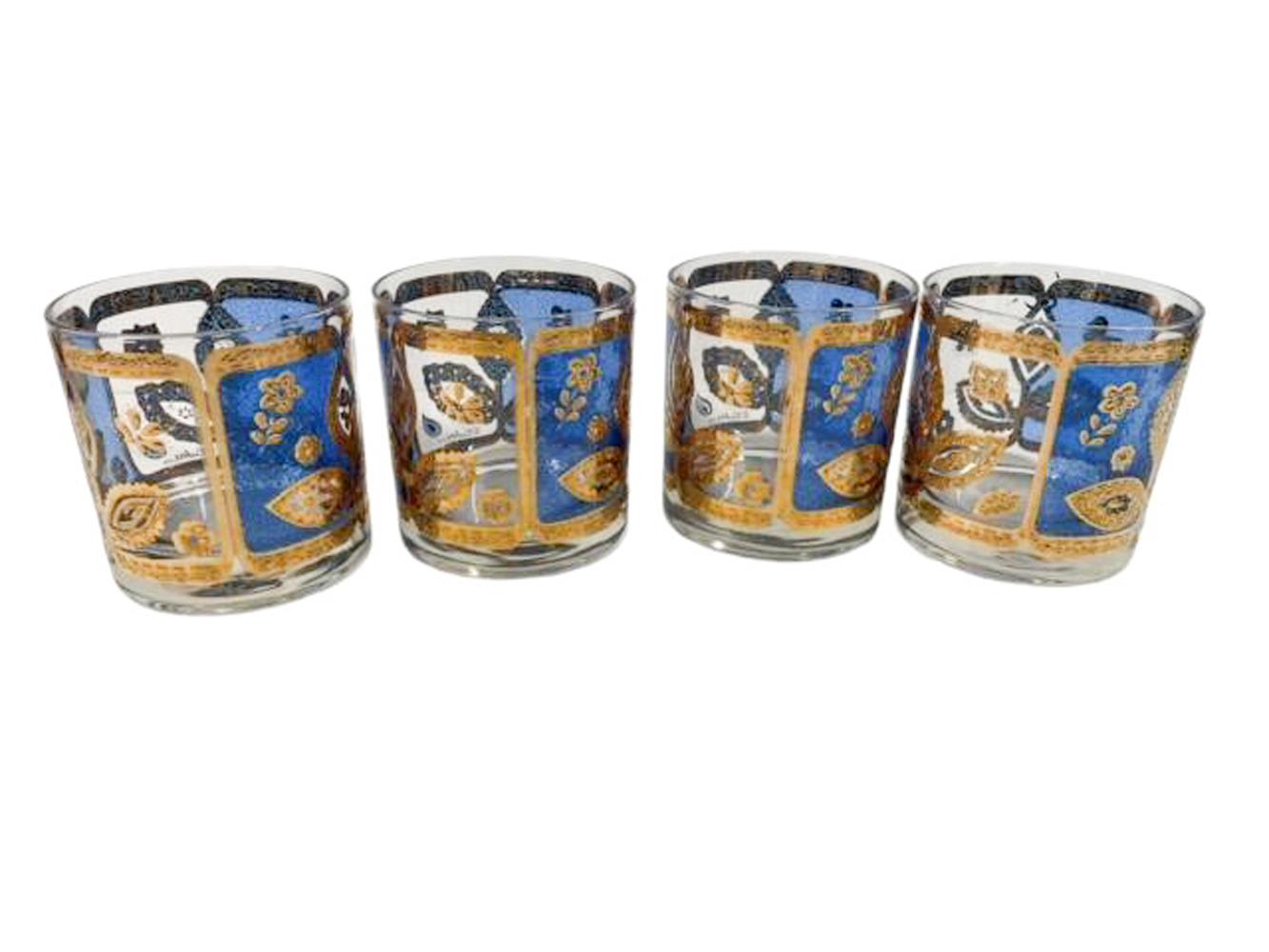 Vier Mid-Century-Gläser mit Felsenmuster von Culver, LTD. in Blau und Gold mit Blumenmuster (Moderne der Mitte des Jahrhunderts) im Angebot