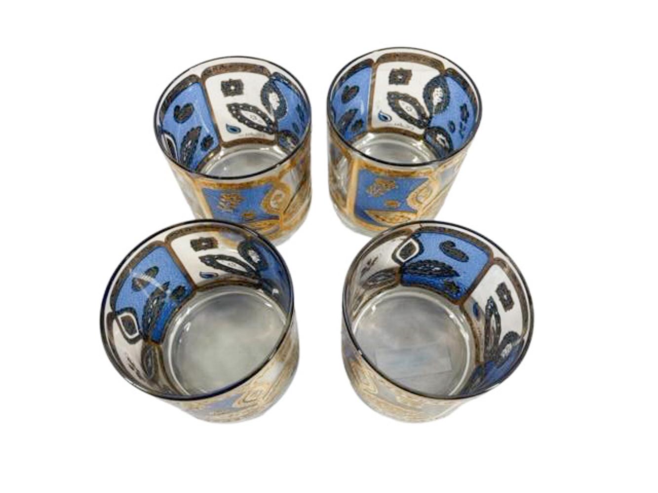 Vier Mid-Century-Gläser mit Felsenmuster von Culver, LTD. in Blau und Gold mit Blumenmuster (amerikanisch) im Angebot