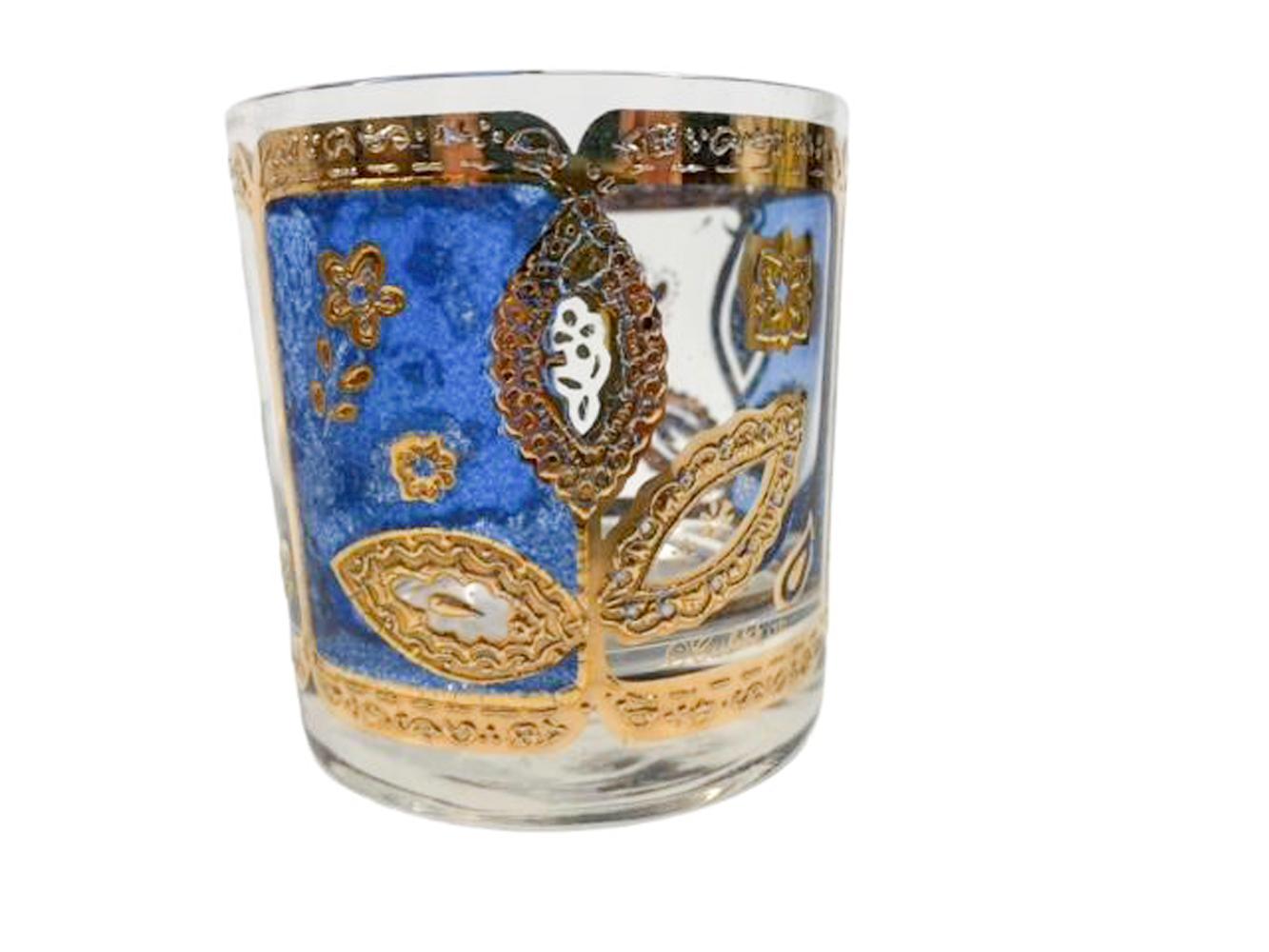 Vier Mid-Century-Gläser mit Felsenmuster von Culver, LTD. in Blau und Gold mit Blumenmuster im Zustand „Gut“ im Angebot in Chapel Hill, NC