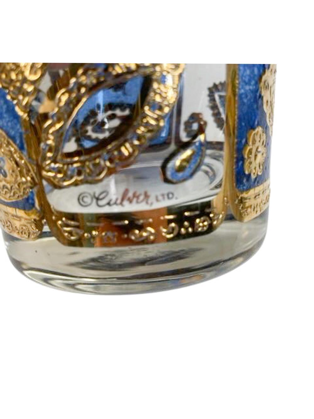 Vier Mid-Century-Gläser mit Felsenmuster von Culver, LTD. in Blau und Gold mit Blumenmuster (Glas) im Angebot