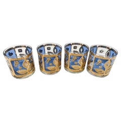 Four Mid-Century Rocks Glasses by Culver, LTD. in Blue and Gold Floral Pattern