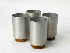 Four Mid-Century Spun Aluminum and Turned Wood Tumblers, Style of Russel Wright