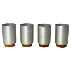 Four Mid-Century Spun Aluminum and Turned Wood Tumblers, Style of Russel Wright