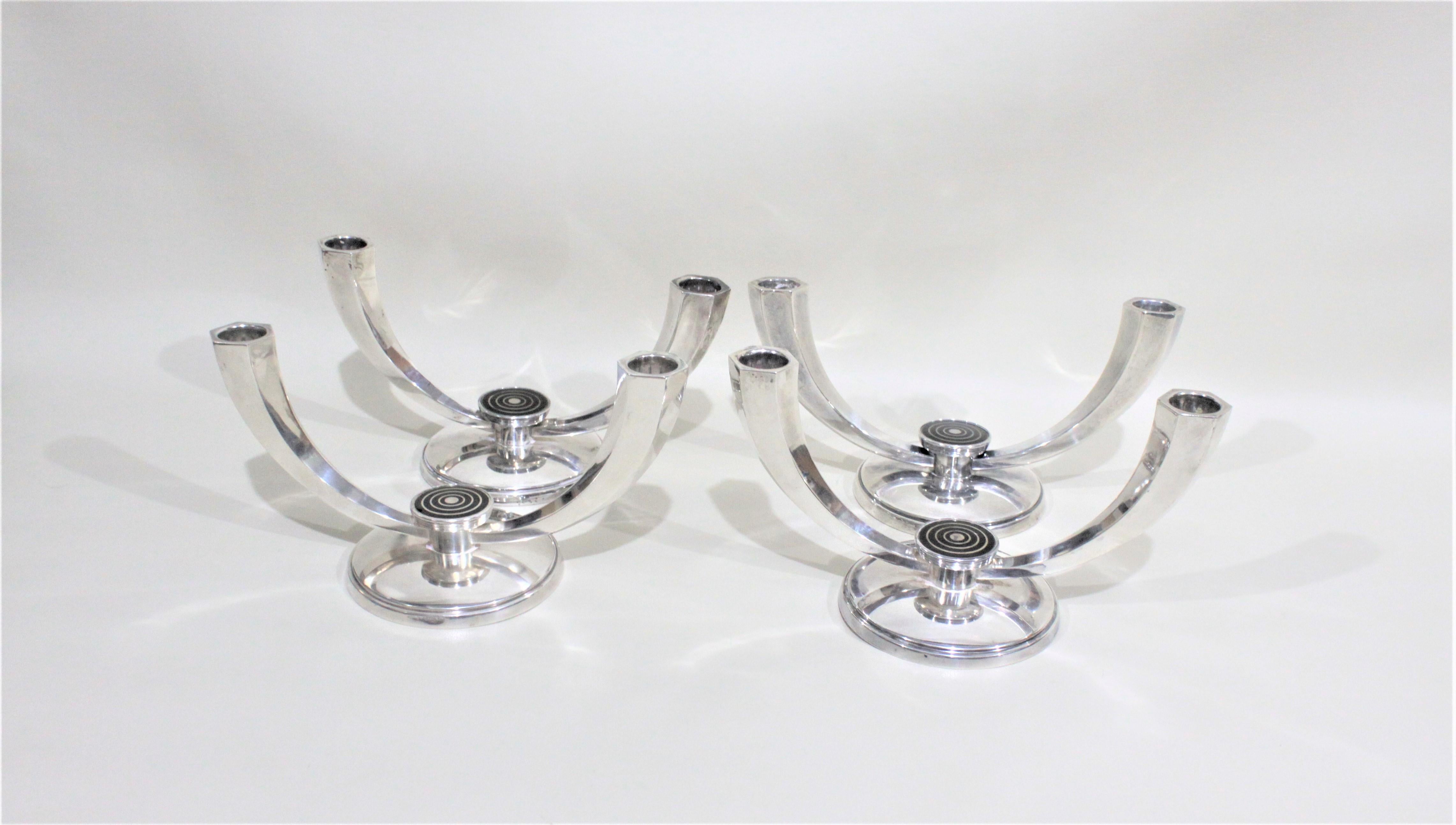 Four Mid Century Sterling Silver Double Branch Candlesticks by J. Tostrup Norway In Good Condition For Sale In Hamilton, Ontario