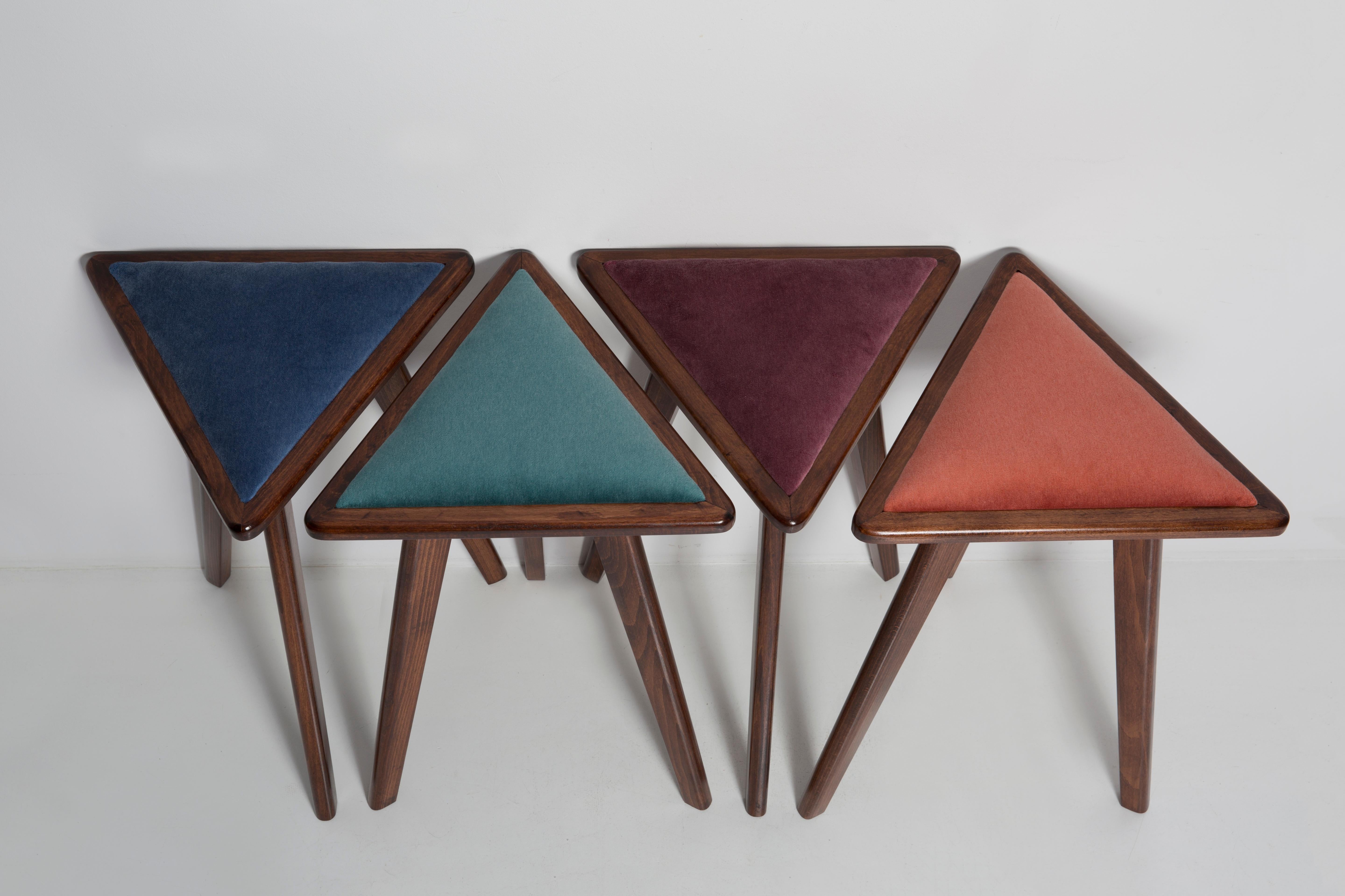 Comfortable and stabile triangle stools.
They are contemporary stools inspired of 1960s style. 
They can be used as a bar stools.

Stools were designed by Vintola Studio, a Polish brand created by Ola Szewczul, designer of vintage interior