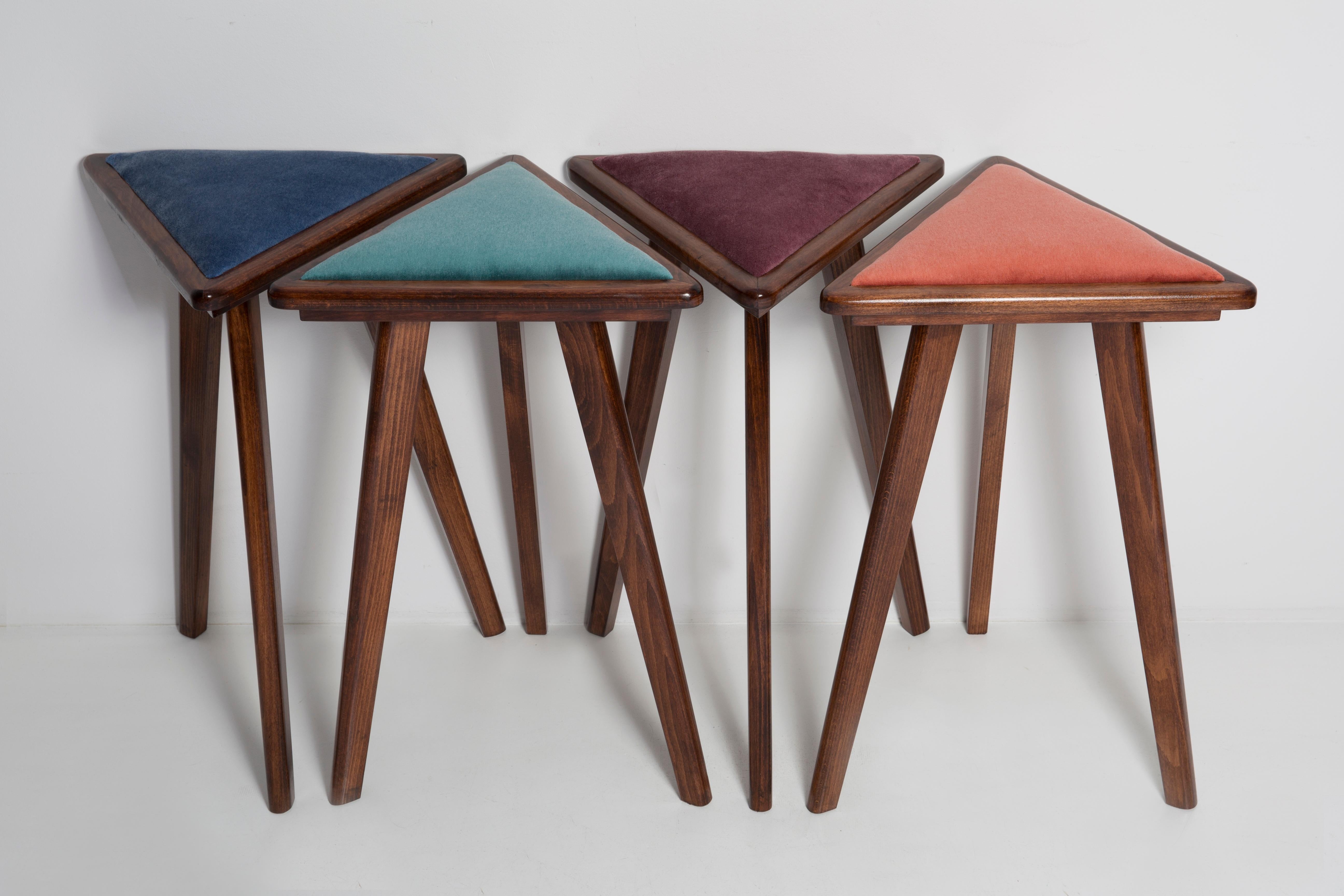 Hand-Painted Four Mid-Century Style Velvet Triangle Medium Stools, Vintola Studio, Europe For Sale