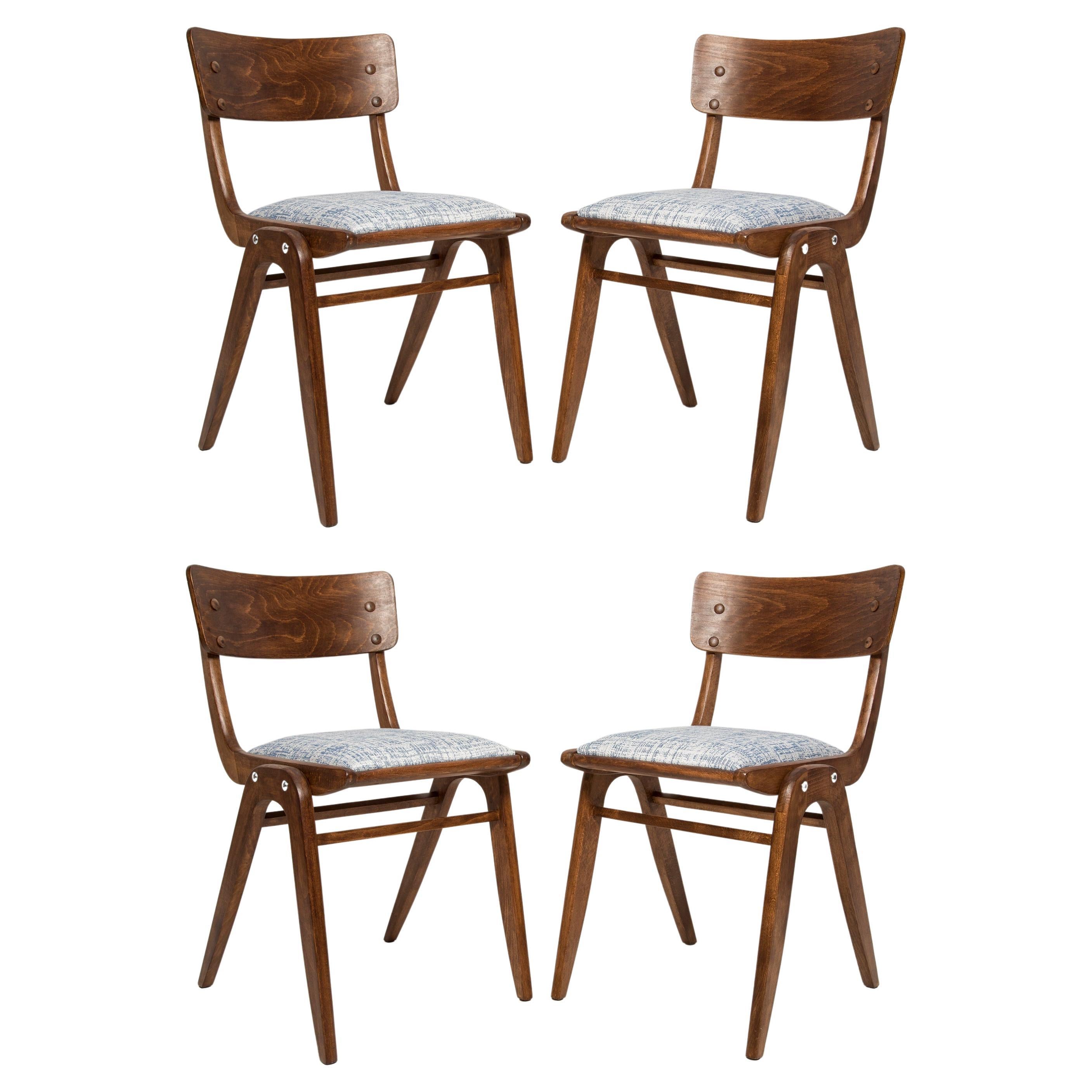 Four Midcentury White Blue Linen Boomerang Chairs, Dark Wood, Poland, 1960s