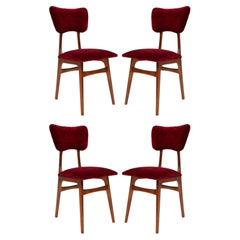 Four MidCentury Butterfly Chairs, Red FR Velvet Bacara, Dedar, Walnut Wood, 1960