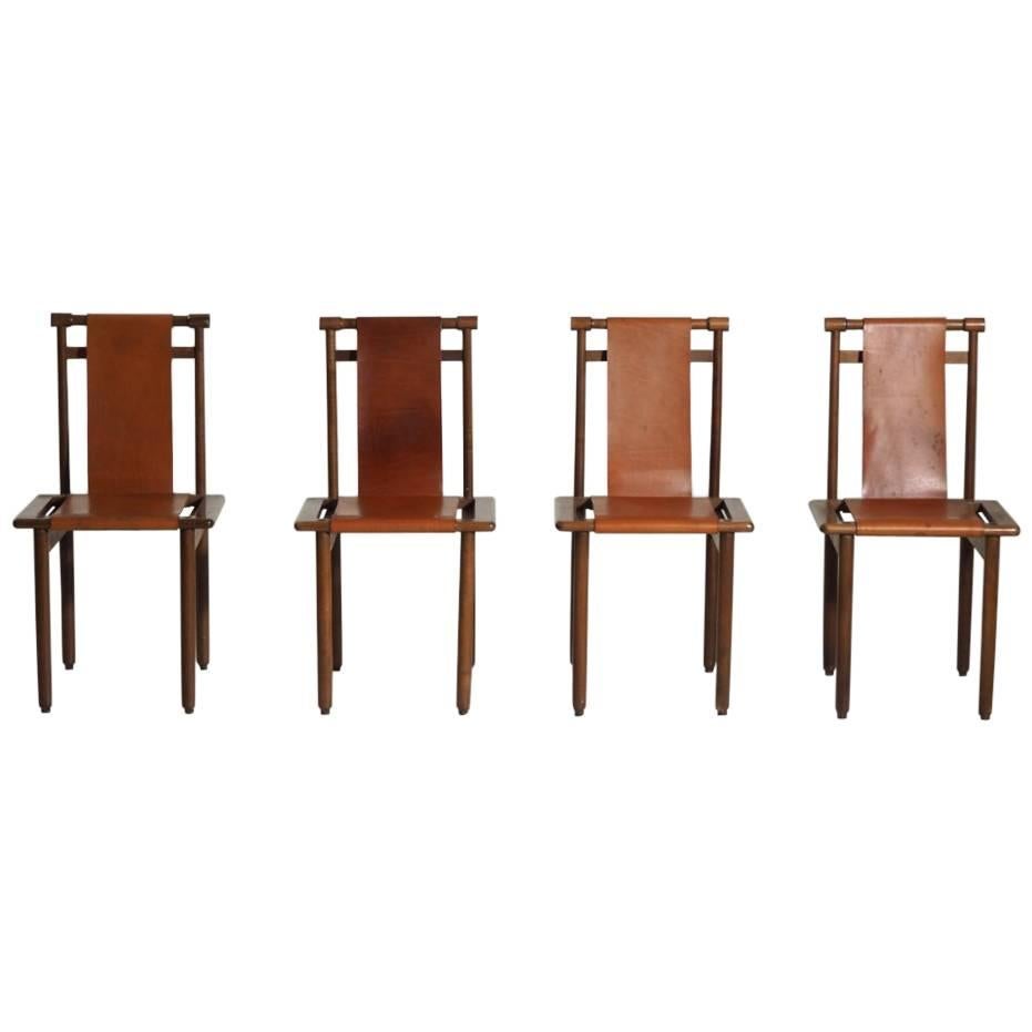 Four Midcentury Chairs, French or Italian, in Walnut