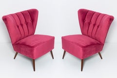 Four Midcentury Magenta Pink Velvet Club Armchairs, Europe, 1960s