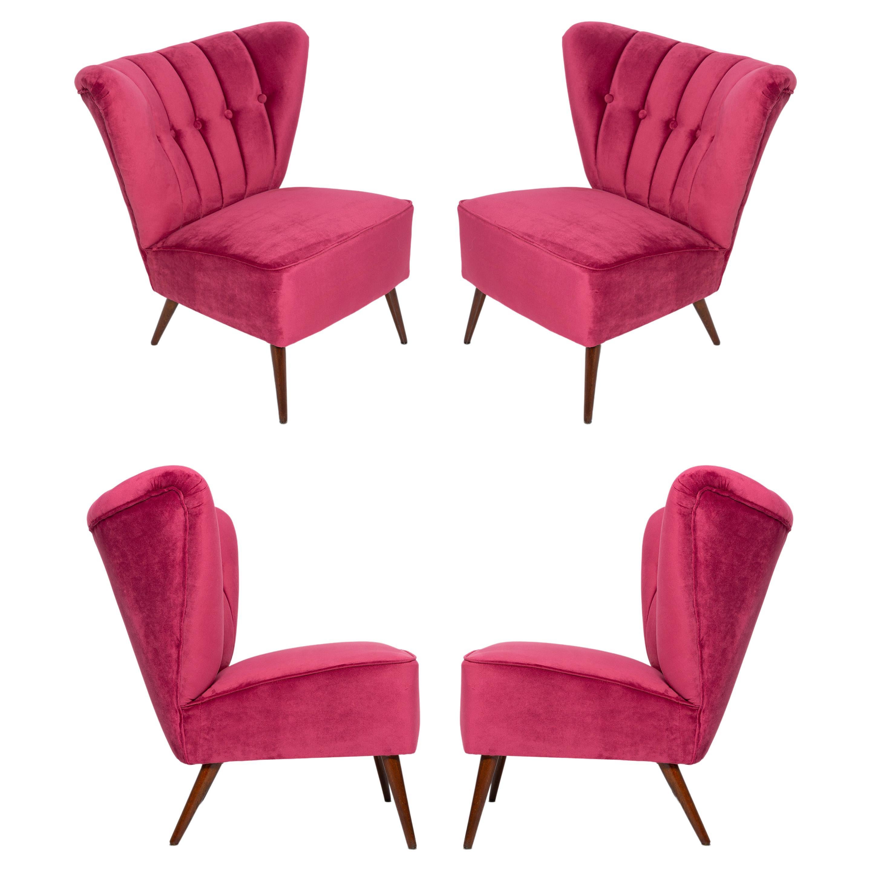 Four Midcentury Magenta Pink Velvet Club Armchairs, Europe, 1960s For Sale