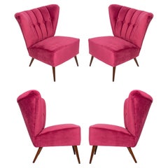 Four Midcentury Magenta Pink Velvet Club Armchairs, Europe, 1960s