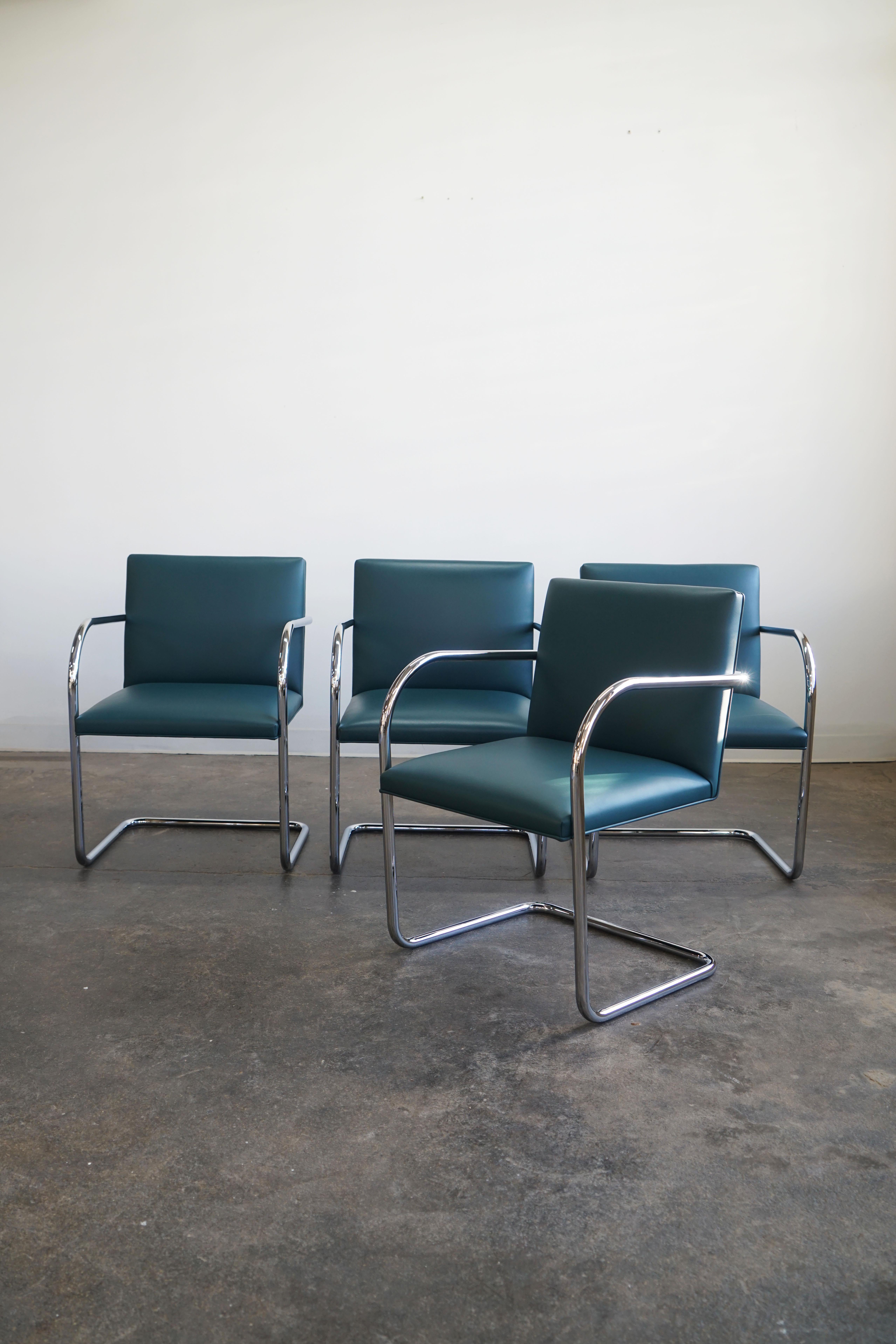 Mid-Century Modern Four Mies van der Rohe Knoll BRNO tubular armchairs in teal leather For Sale