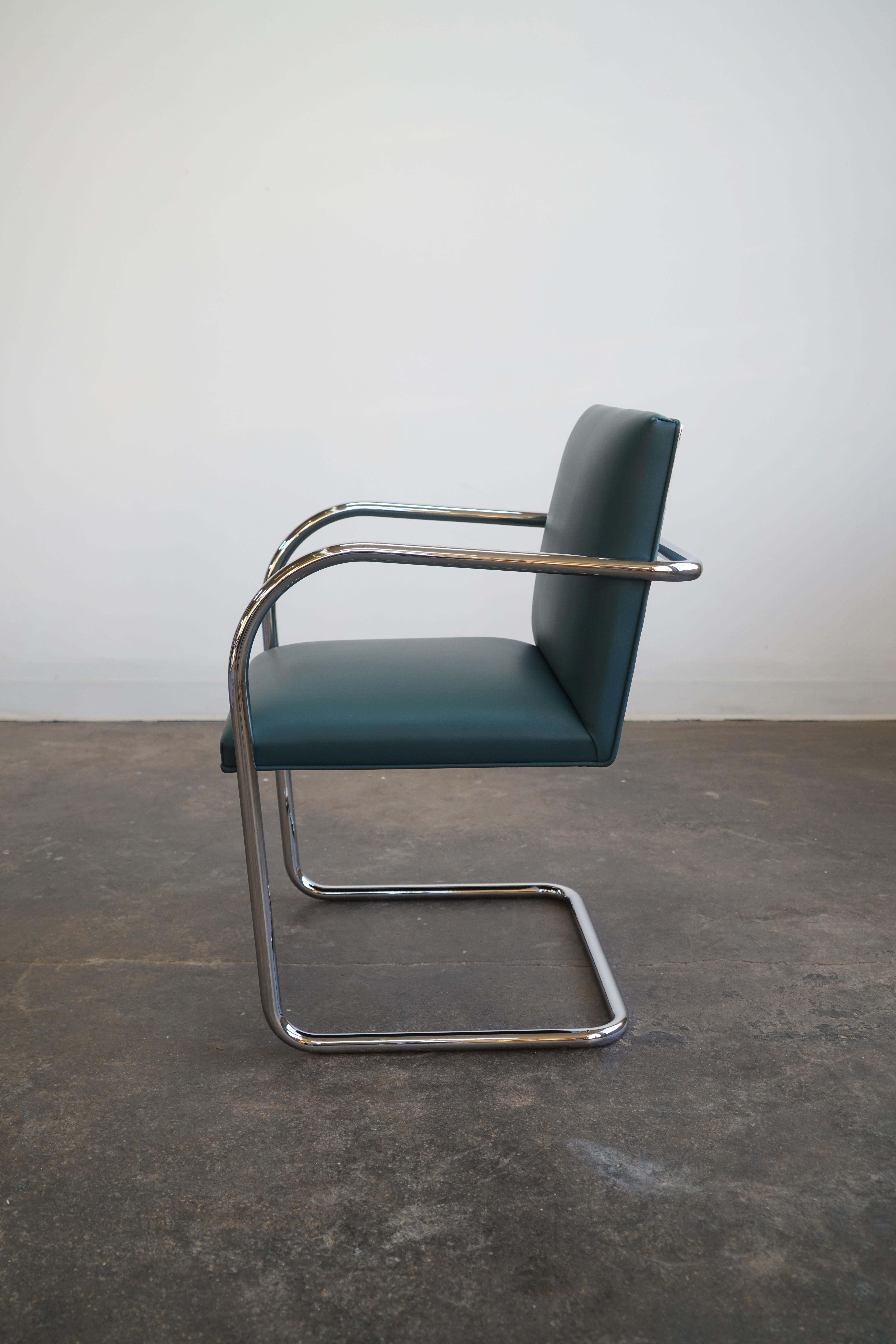 Four Mies van der Rohe Knoll BRNO tubular armchairs in teal leather In Good Condition For Sale In Chicago, IL