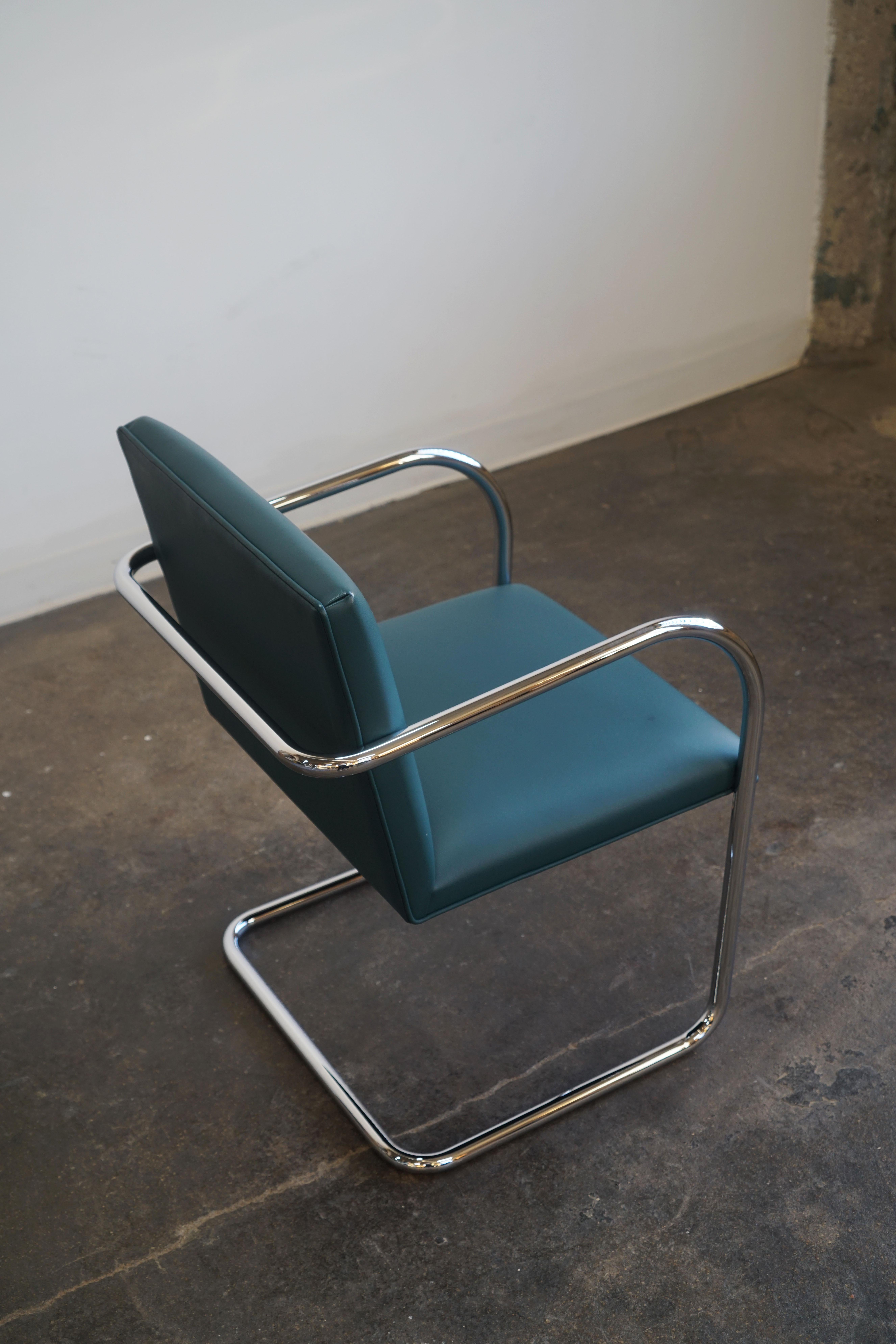 Contemporary Four Mies van der Rohe Knoll BRNO tubular armchairs in teal leather For Sale