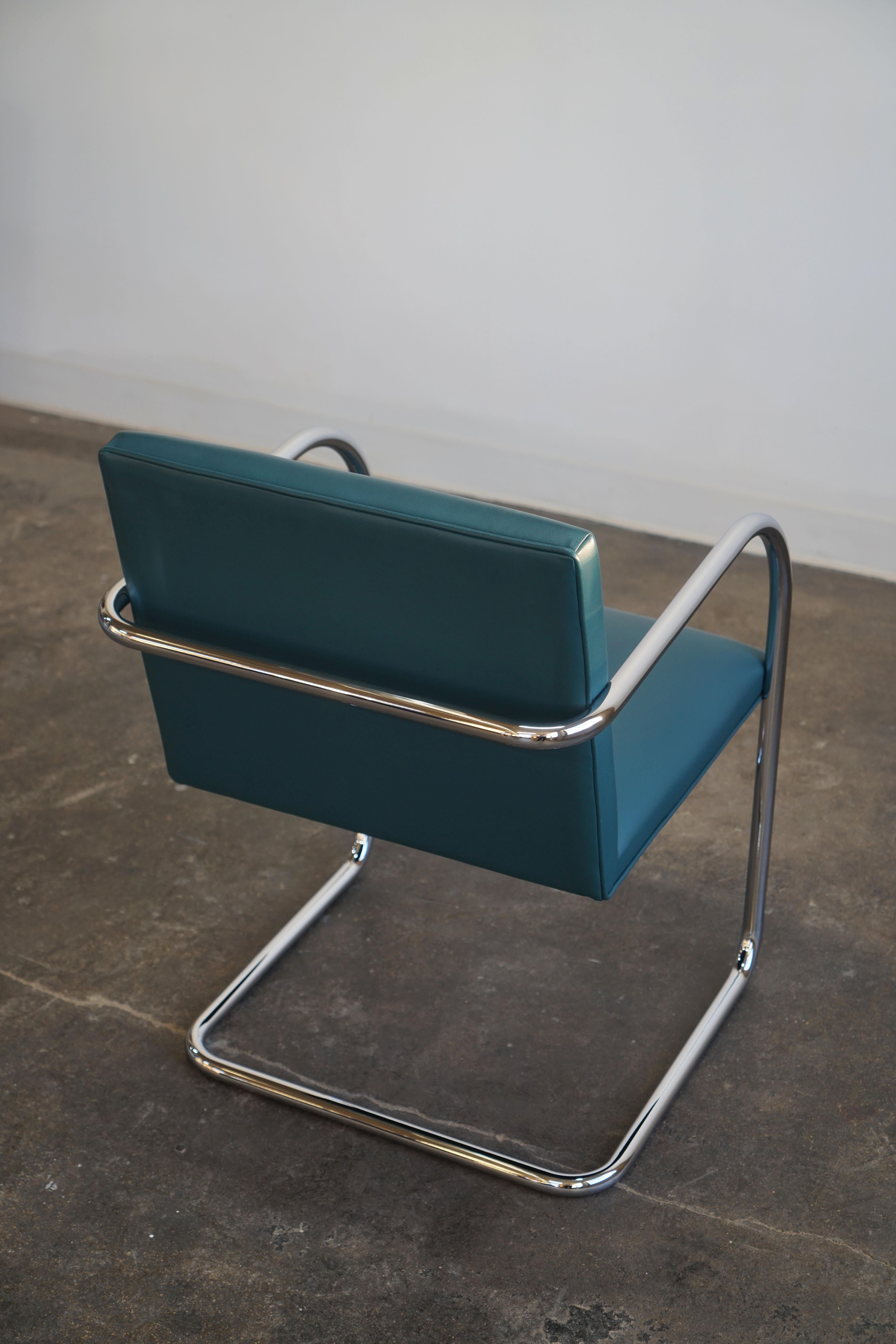 Leather Four Mies van der Rohe Knoll BRNO tubular armchairs in teal leather For Sale