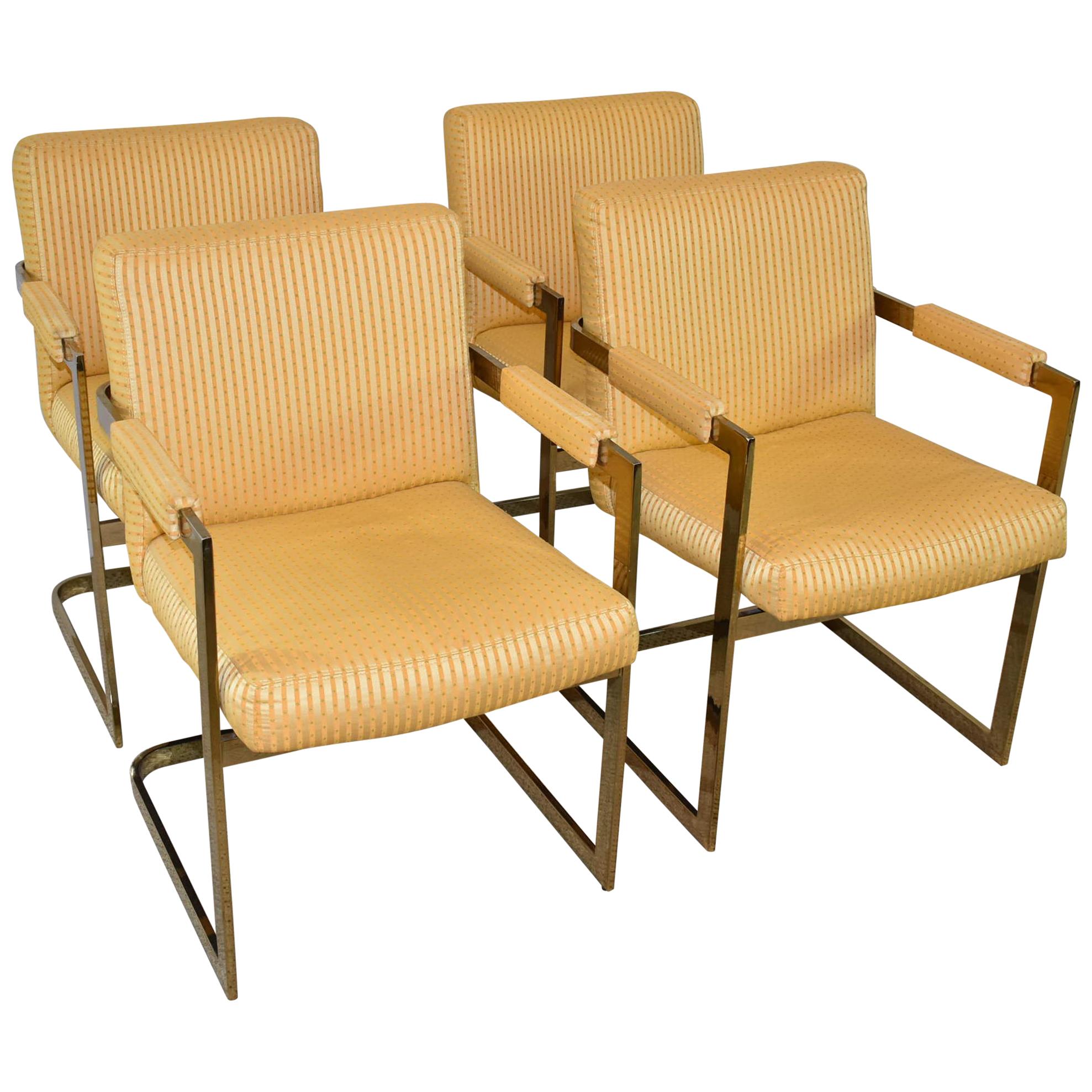 Four Milo Baughman Brass Flatbar Cantilever Armchairs