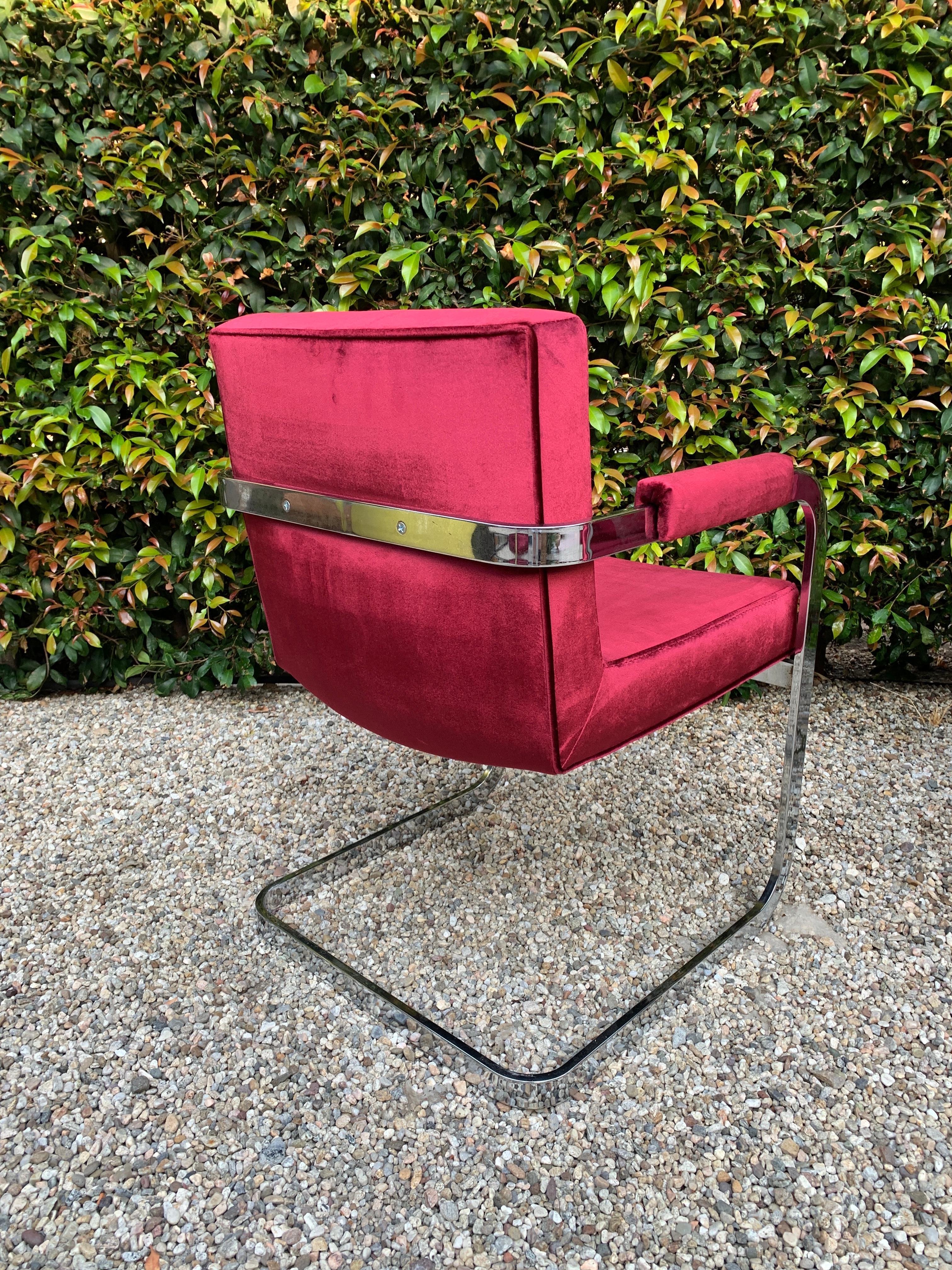 Set of four midcentury Milo Baughman dining or office chairs for Thayer Coggin - the chrome frames have been hand polished and new upholstery in wine color cotton velvet.