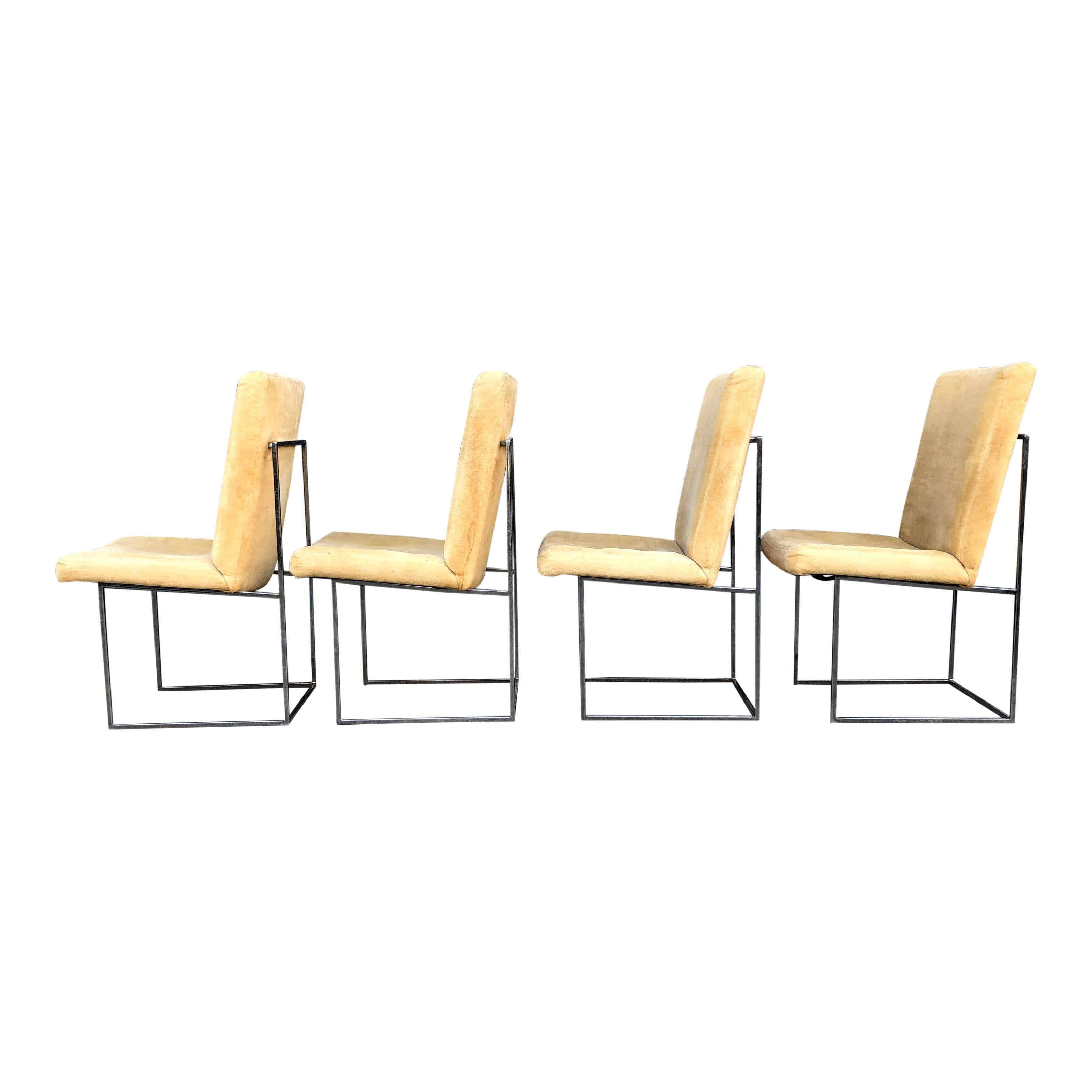 For your consideration is a fantastic set of Milo Baughman for Thayer Coggin bronze dining chairs. The chairs, set on an angular thin bronze base, appear to float as they lie suspended above the frames. The bronze is in nice vintage condition. The