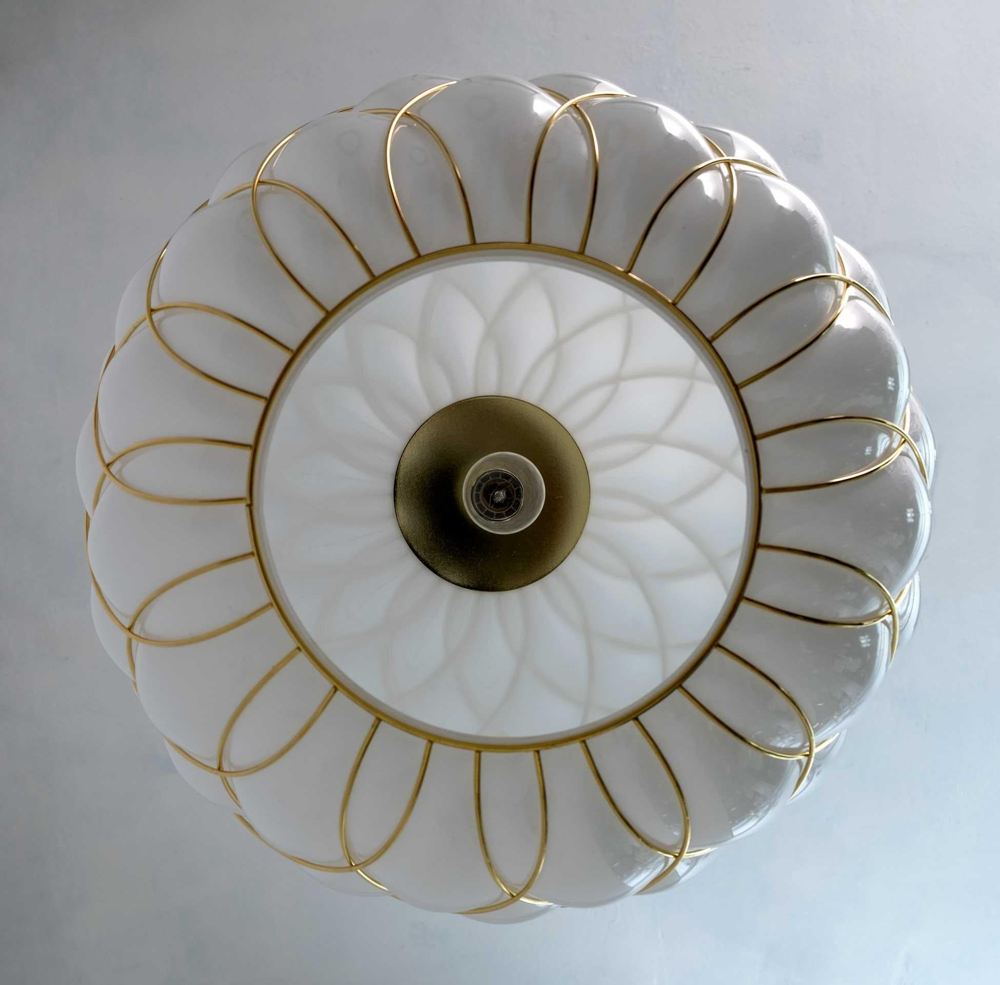 Modern Brass and Caged Murano Glass Large Pendant Lamp Fontana Arte Style For Sale 2