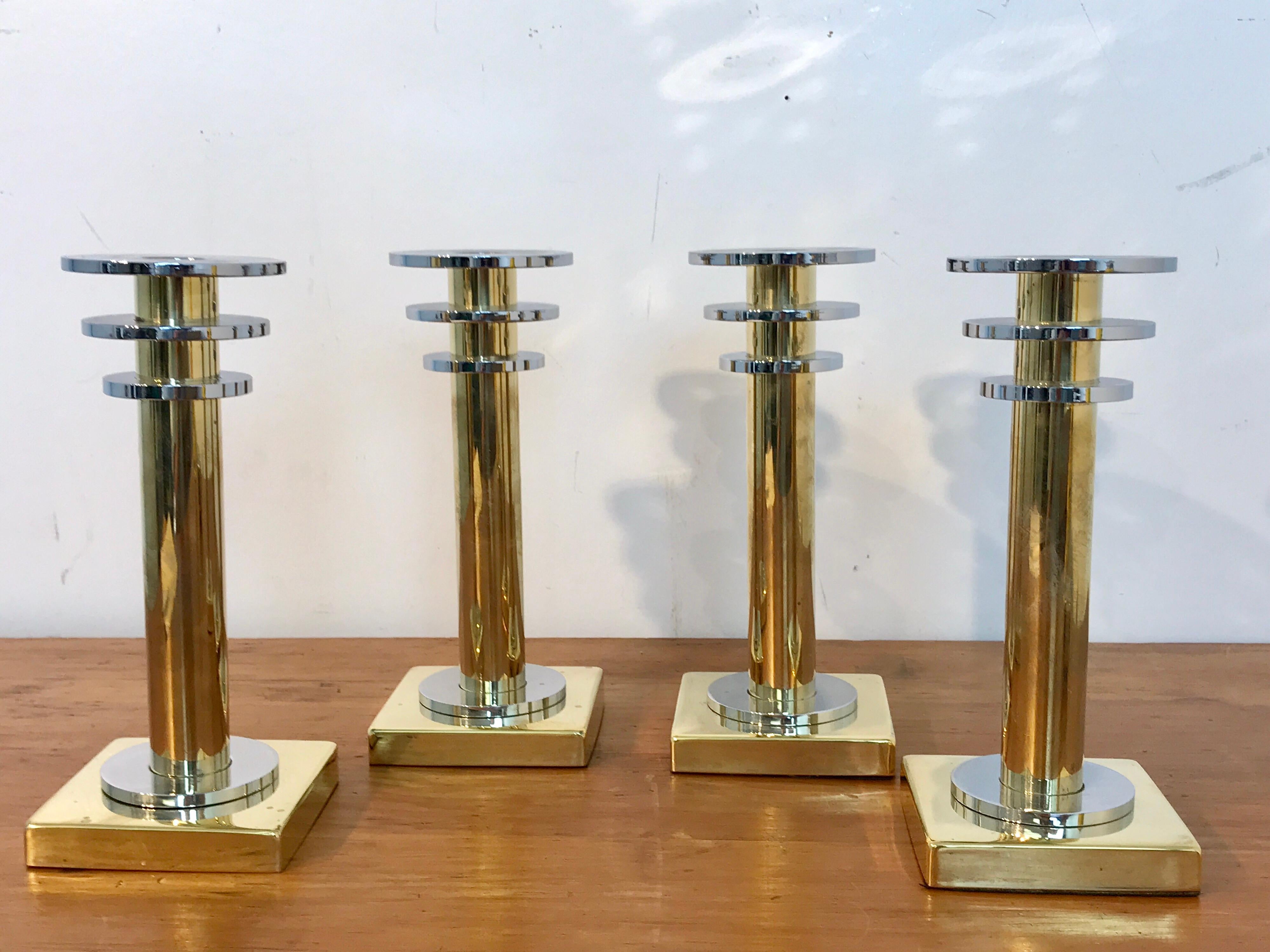 Four Modern Brass and Silver Plate Candlesticks in the Style Swid Powell 5