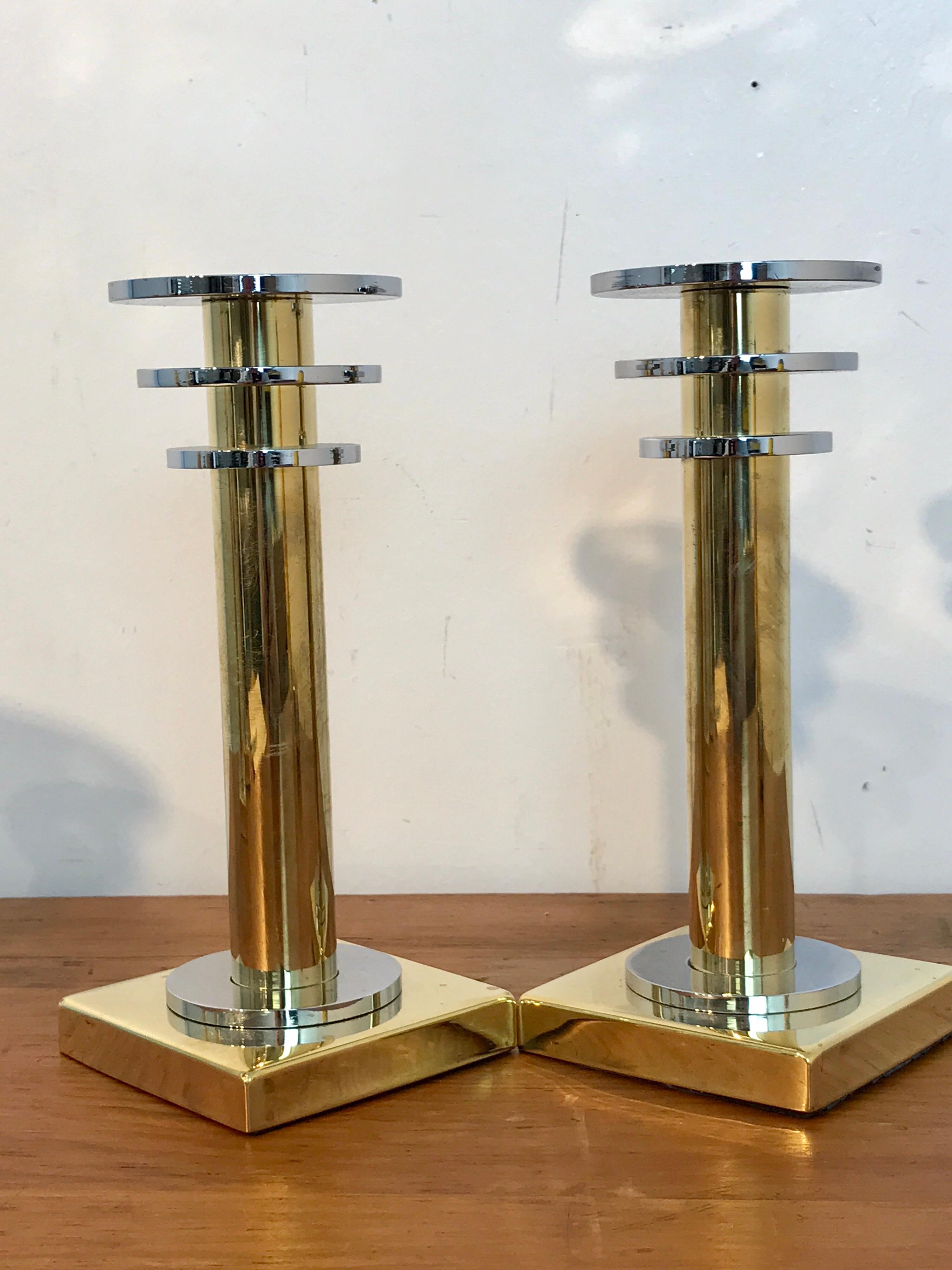 Four Modern Brass and Silver Plate Candlesticks in the Style Swid Powell In Good Condition In West Palm Beach, FL