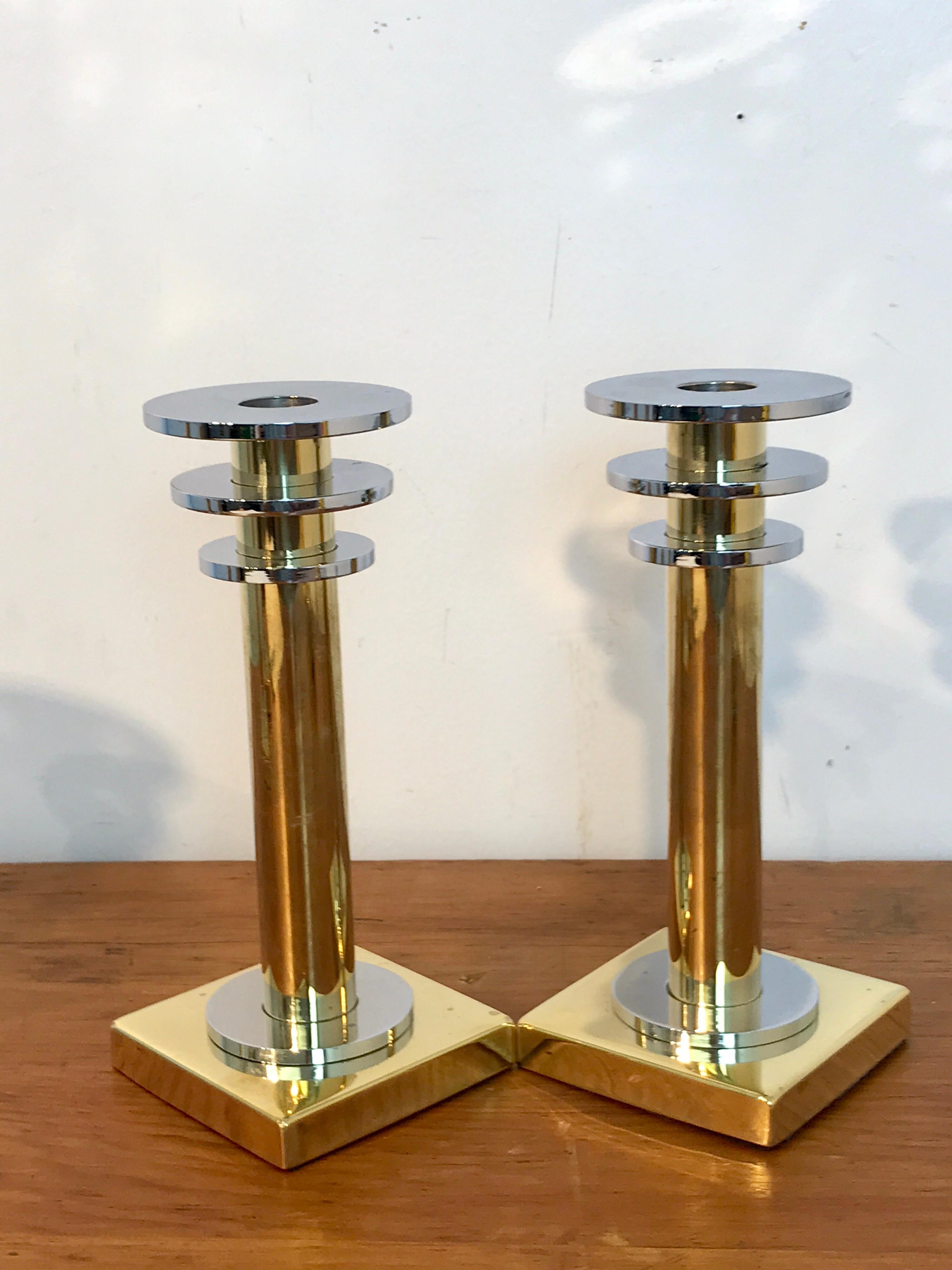20th Century Four Modern Brass and Silver Plate Candlesticks in the Style Swid Powell