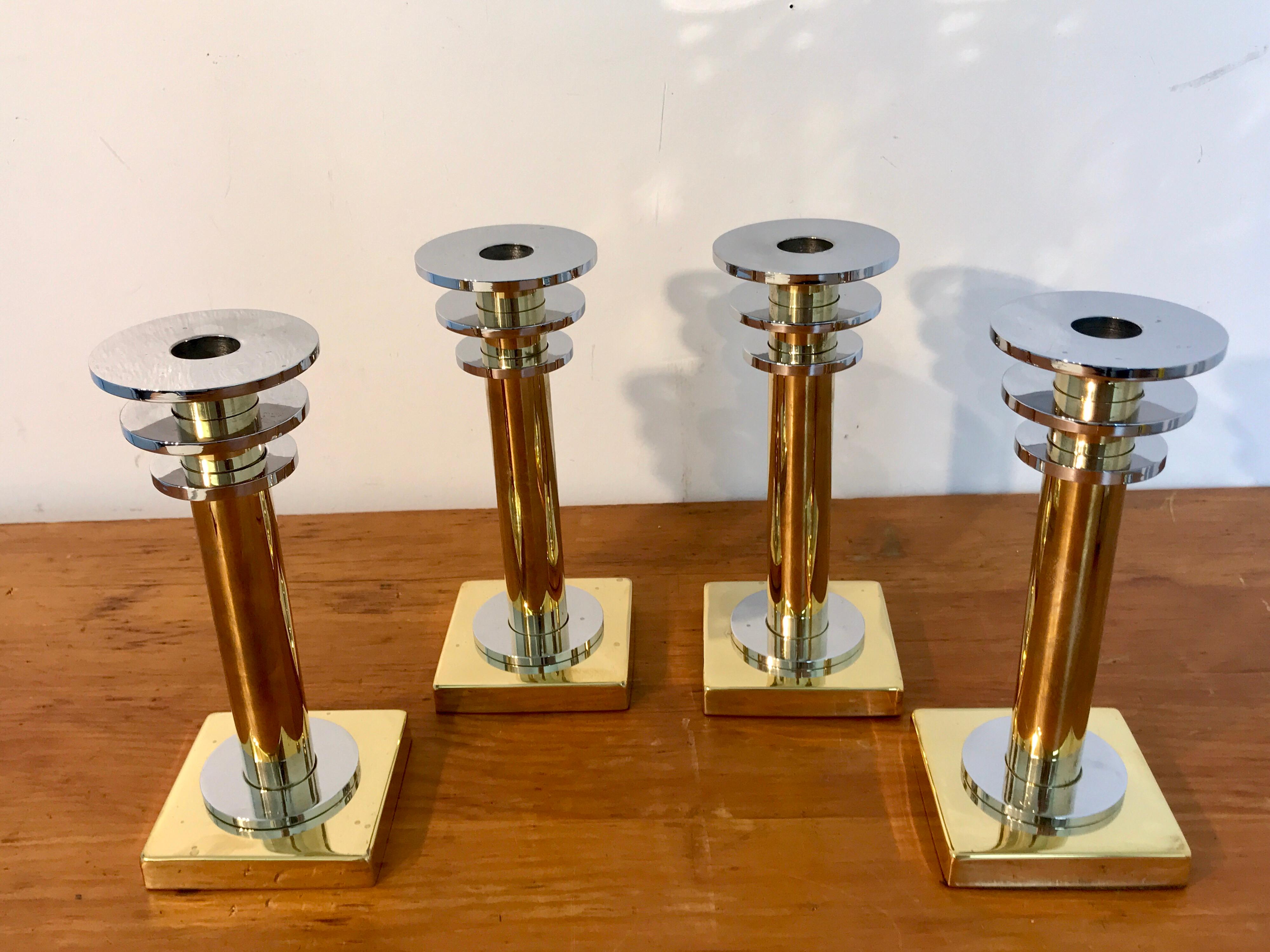 Four Modern Brass and Silver Plate Candlesticks in the Style Swid Powell 4