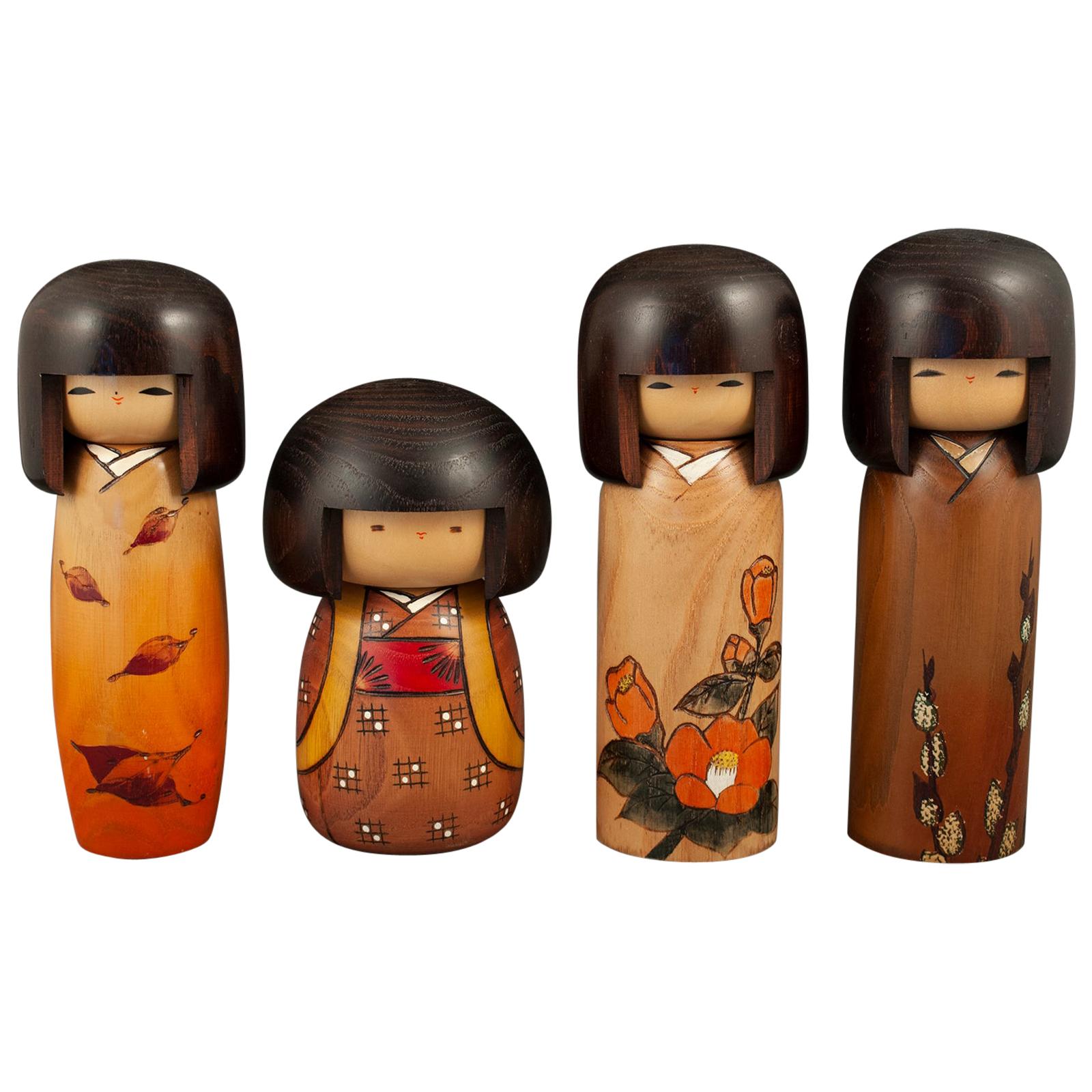 Four Modern Creative Kokeshi Dolls by Usaboro Okamoto, Japan