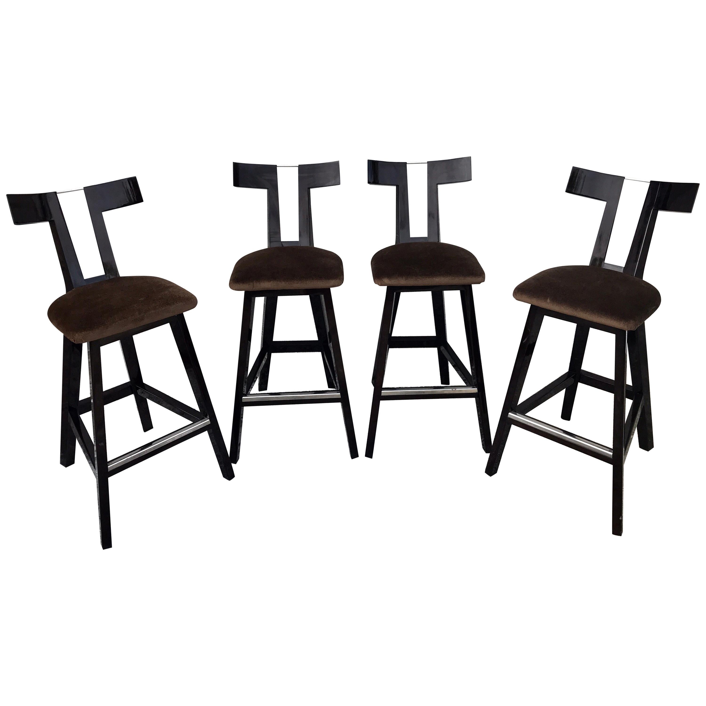 Four Modern Donghia Style Lacquered "T" Back Barstools 
