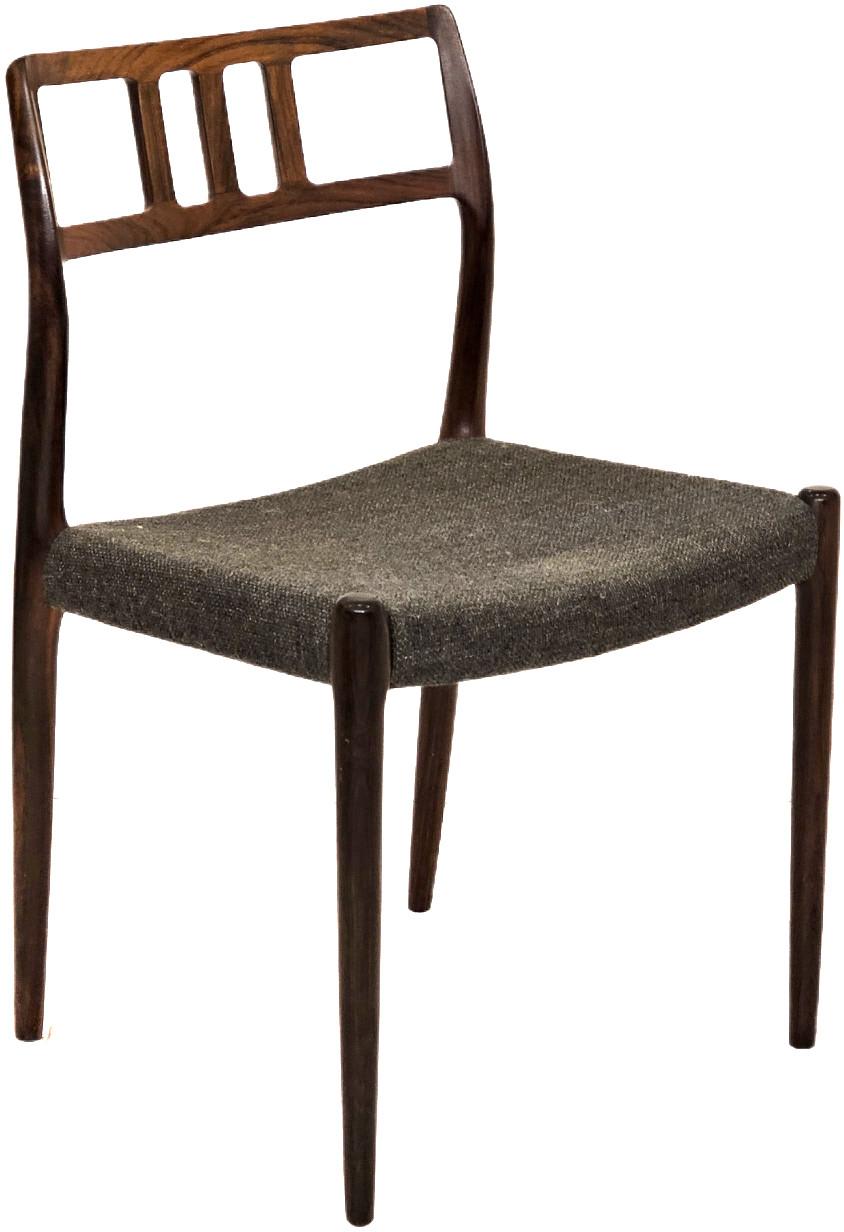 Four model 79 dining chairs in rosewood. Designed by Neils O Moller for J.L. Moller (stamped). Chairs and grey wool upholstery are in exceptional condition - seats show some nearly imperceptible spots of discoloration, but, otherwise, chairs are in