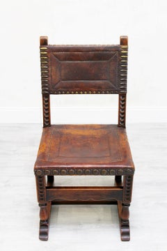 Four Monastic Chairs Antique Armchair Leather Vintage Chairs Rivets Old Span