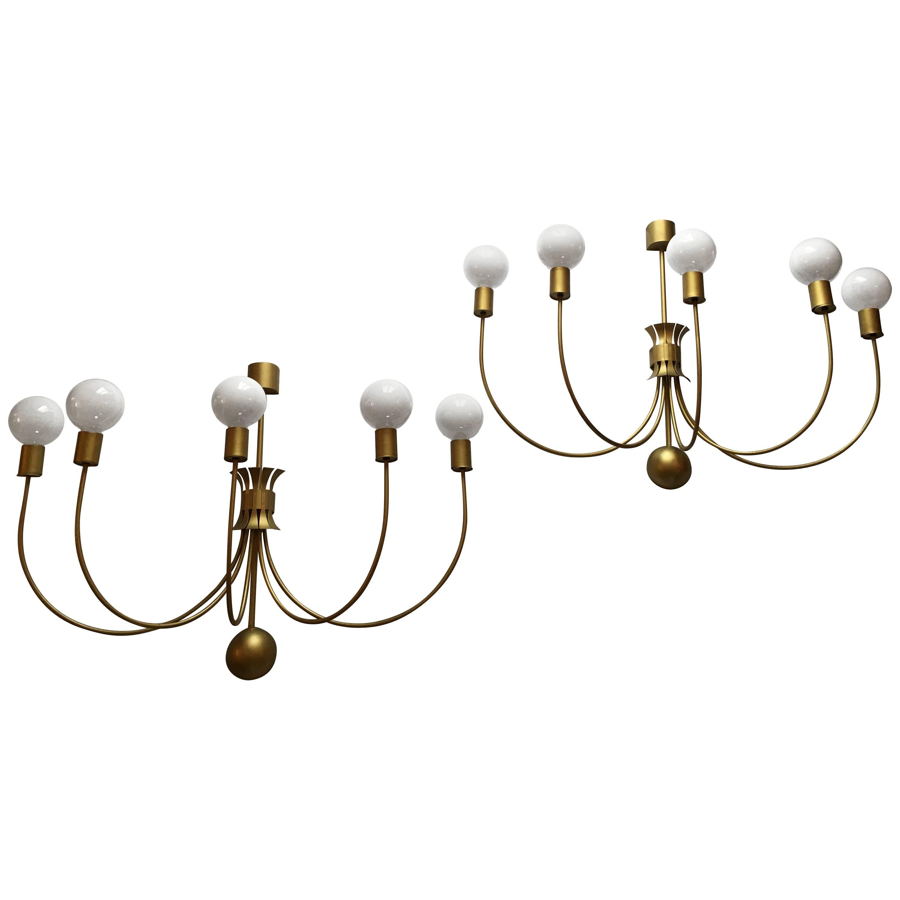 Four Monumental French Theater Sconces, Five Gilt Metal Curved Arms - 1950s For Sale