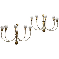 Four Monumental French Theater Sconces, Five Gilt Metal Curved Arms - 1950s