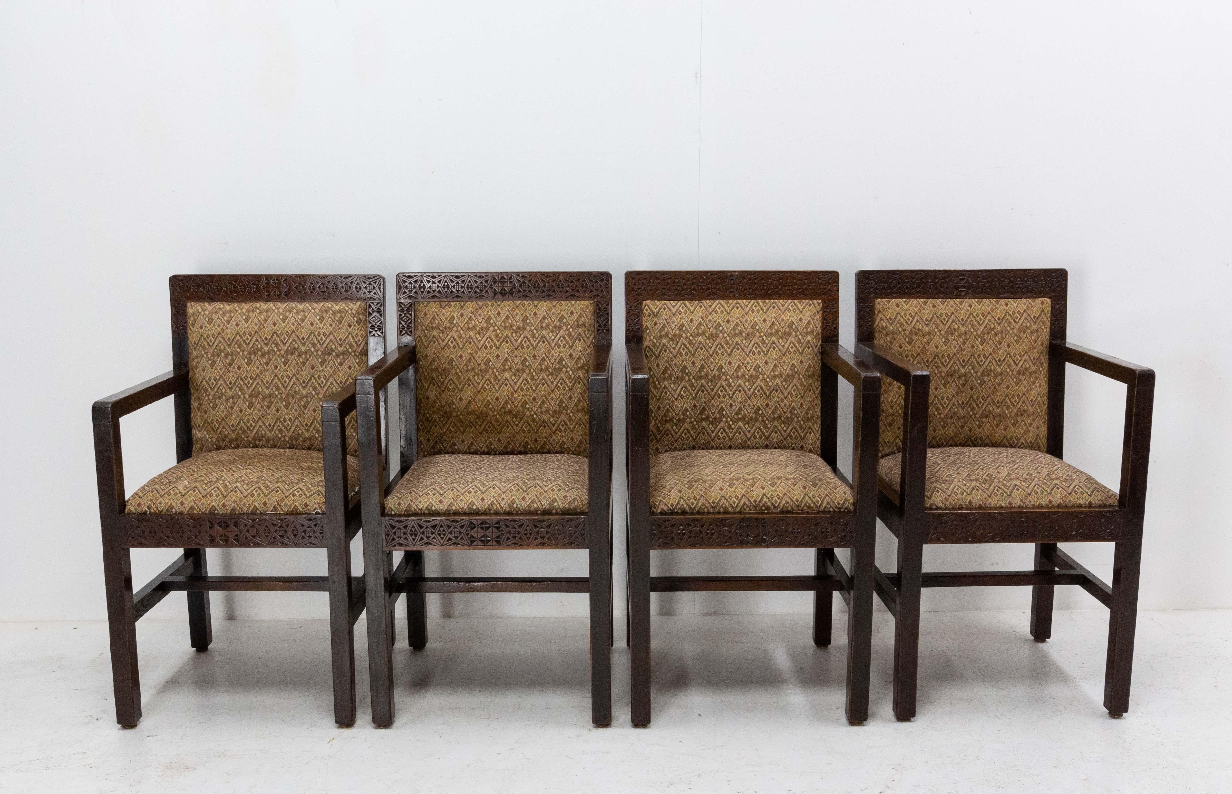 Four Moroccan Armchairs Art Deco circa 1930, Carved Pine In Good Condition For Sale In Labrit, Landes