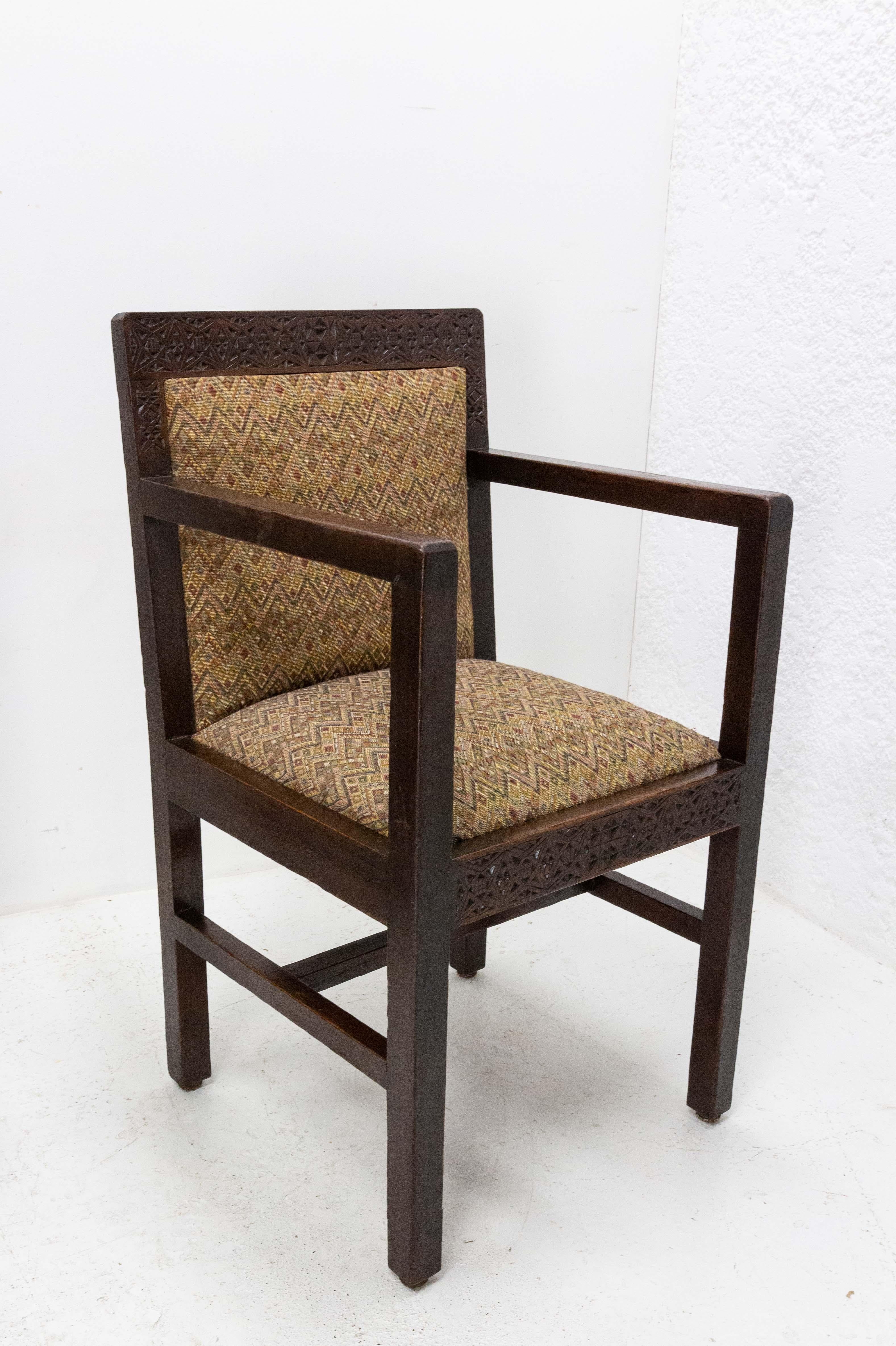 20th Century Four Moroccan Armchairs Art Deco circa 1930, Carved Pine For Sale