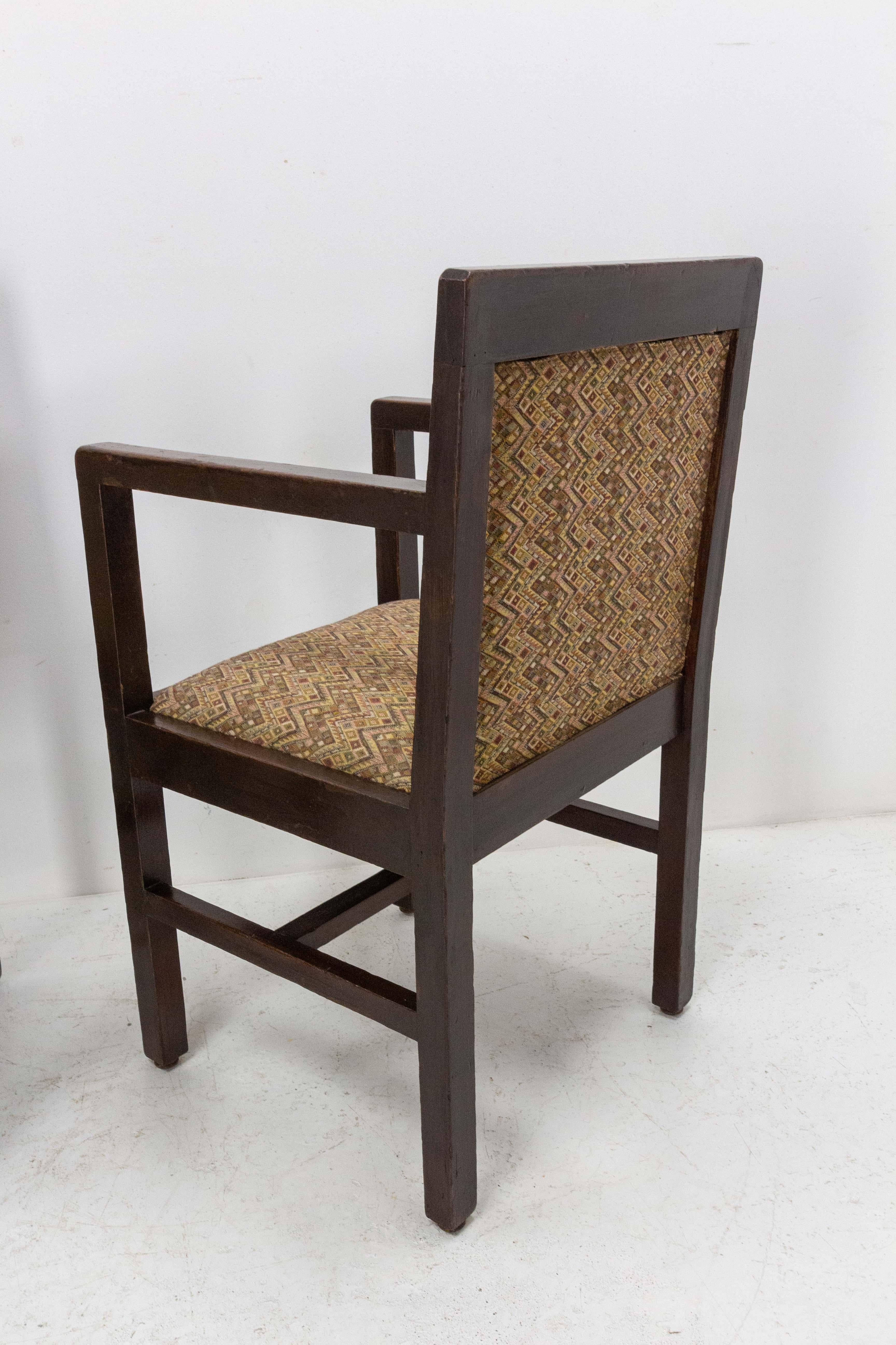 Upholstery Four Moroccan Armchairs Art Deco circa 1930, Carved Pine For Sale